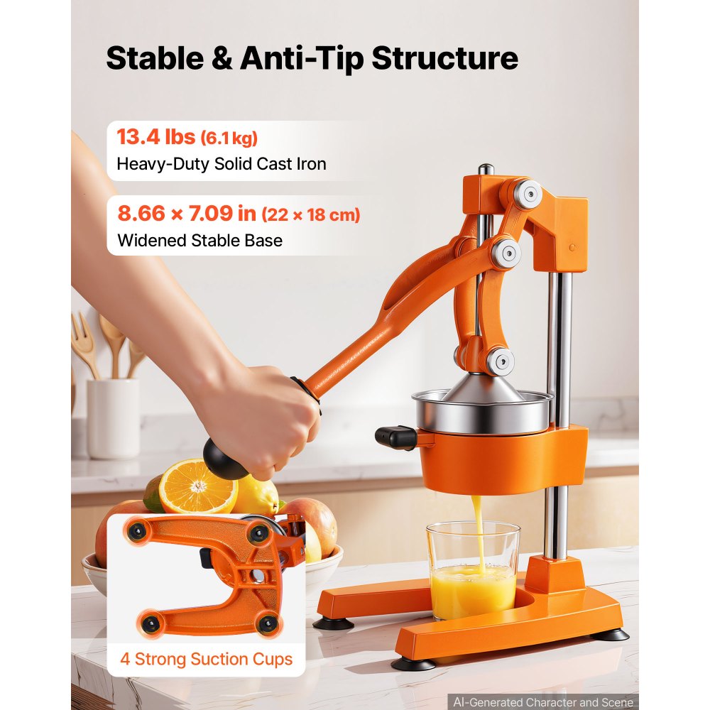 Exprimidor manual de cítricos VEVOR, exprimidor manual de naranjas de 38 cm de altura, extractor manual de jugo fresco para limón, granada y pomelo, hierro fundido resistente, fácil de limpiar, uso doméstico y comercial, naranja