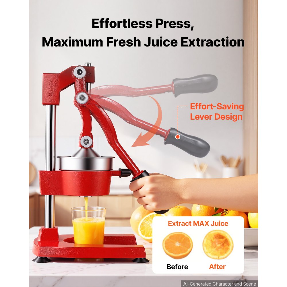 Exprimidor manual de cítricos VEVOR, exprimidor manual de naranjas de 38 cm de altura, extractor manual de jugo fresco para limón, granada y pomelo, hierro fundido resistente, fácil de limpiar, para uso doméstico y comercial, rojo.