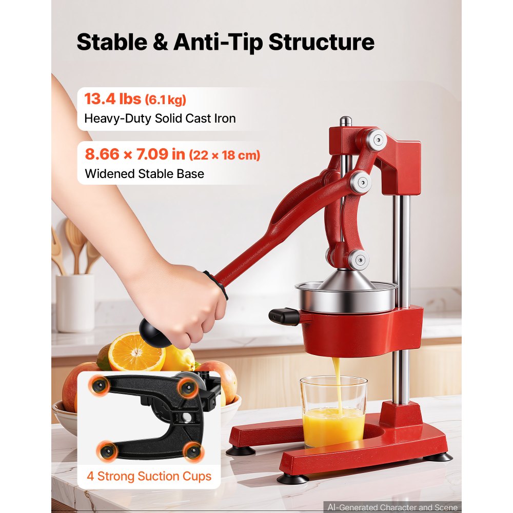 Exprimidor manual de cítricos VEVOR, exprimidor manual de naranjas de 38 cm de altura, extractor manual de jugo fresco para limón, granada y pomelo, hierro fundido resistente, fácil de limpiar, para uso doméstico y comercial, rojo.