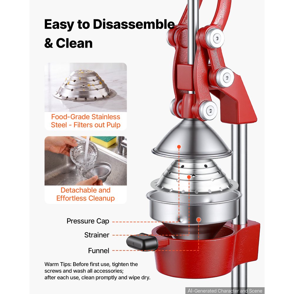 Exprimidor manual de cítricos VEVOR, exprimidor manual de naranjas de 38 cm de altura, extractor manual de jugo fresco para limón, granada y pomelo, hierro fundido resistente, fácil de limpiar, para uso doméstico y comercial, rojo.
