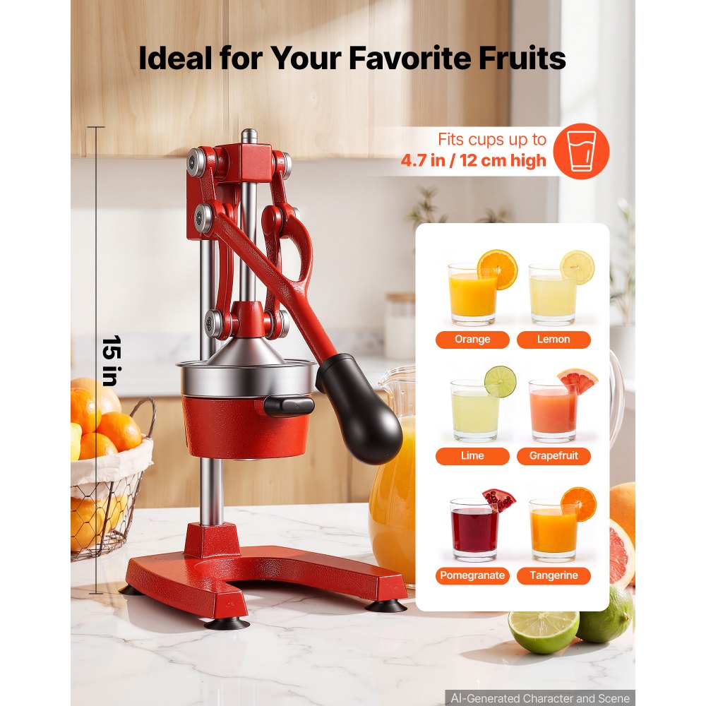 Exprimidor manual de cítricos VEVOR, exprimidor manual de naranjas de 38 cm de altura, extractor manual de jugo fresco para limón, granada y pomelo, hierro fundido resistente, fácil de limpiar, para uso doméstico y comercial, rojo.