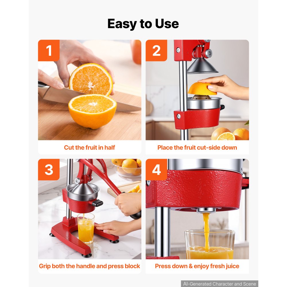 Exprimidor manual de cítricos VEVOR, exprimidor manual de naranjas de 38 cm de altura, extractor manual de jugo fresco para limón, granada y pomelo, hierro fundido resistente, fácil de limpiar, para uso doméstico y comercial, rojo.