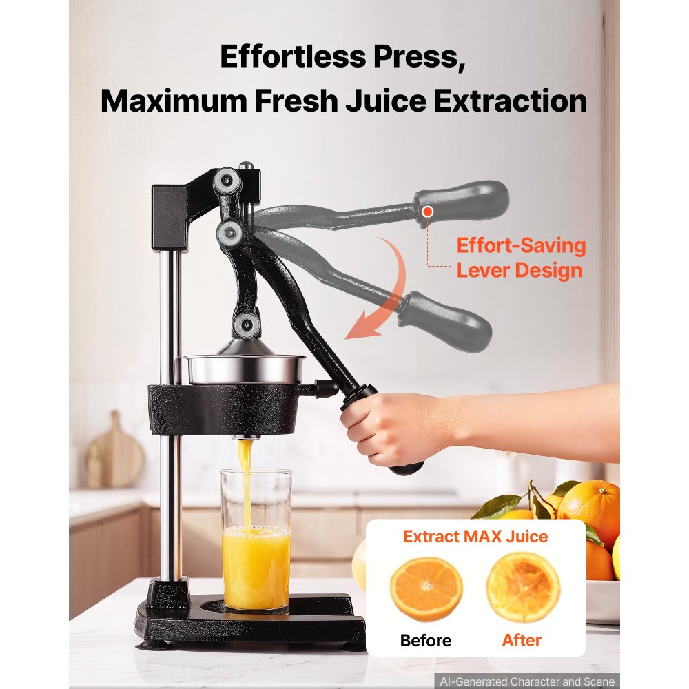 Exprimidor manual de cítricos VEVOR, exprimidor manual de naranjas de 48 cm de altura, extractor de jugo fresco manual para limón, granada y pomelo, hierro fundido resistente, fácil de limpiar, para uso doméstico y comercial, color negro.