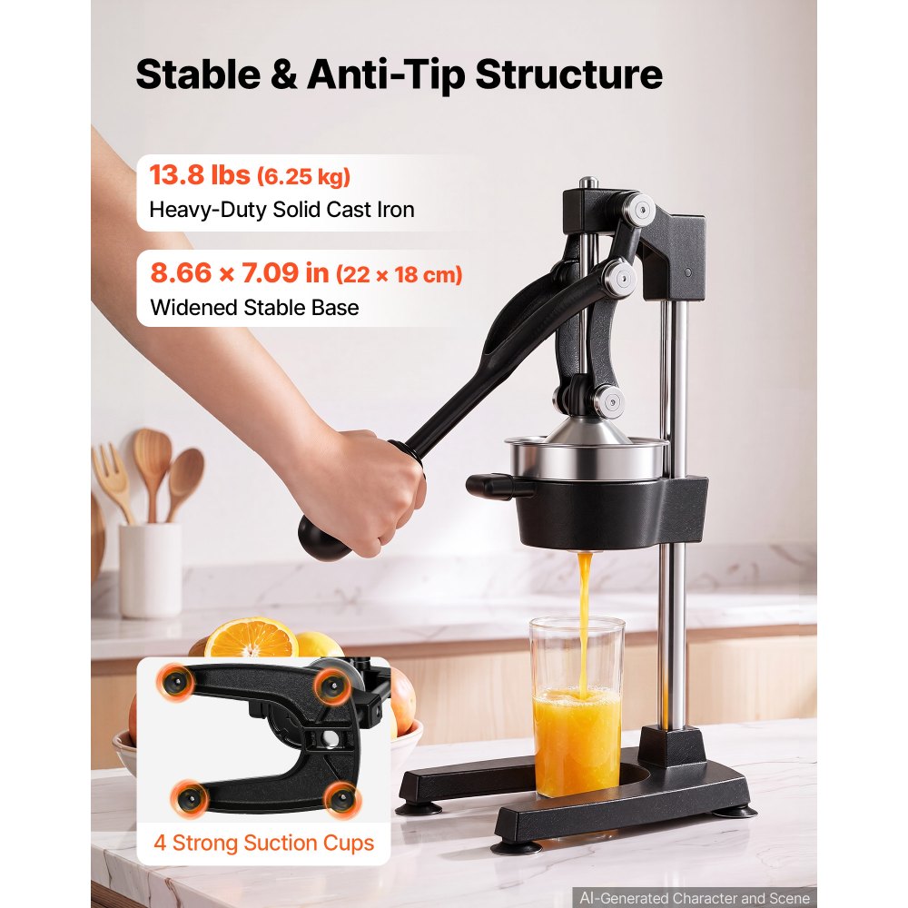 Exprimidor manual de cítricos VEVOR, exprimidor manual de naranjas de 48 cm de altura, extractor de jugo fresco manual para limón, granada y pomelo, hierro fundido resistente, fácil de limpiar, para uso doméstico y comercial, color negro.