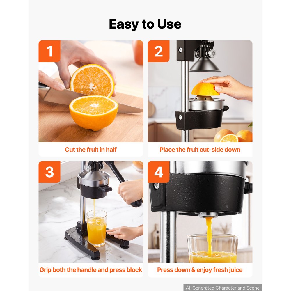 Exprimidor manual de cítricos VEVOR, exprimidor manual de naranjas de 48 cm de altura, extractor de jugo fresco manual para limón, granada y pomelo, hierro fundido resistente, fácil de limpiar, para uso doméstico y comercial, color negro.