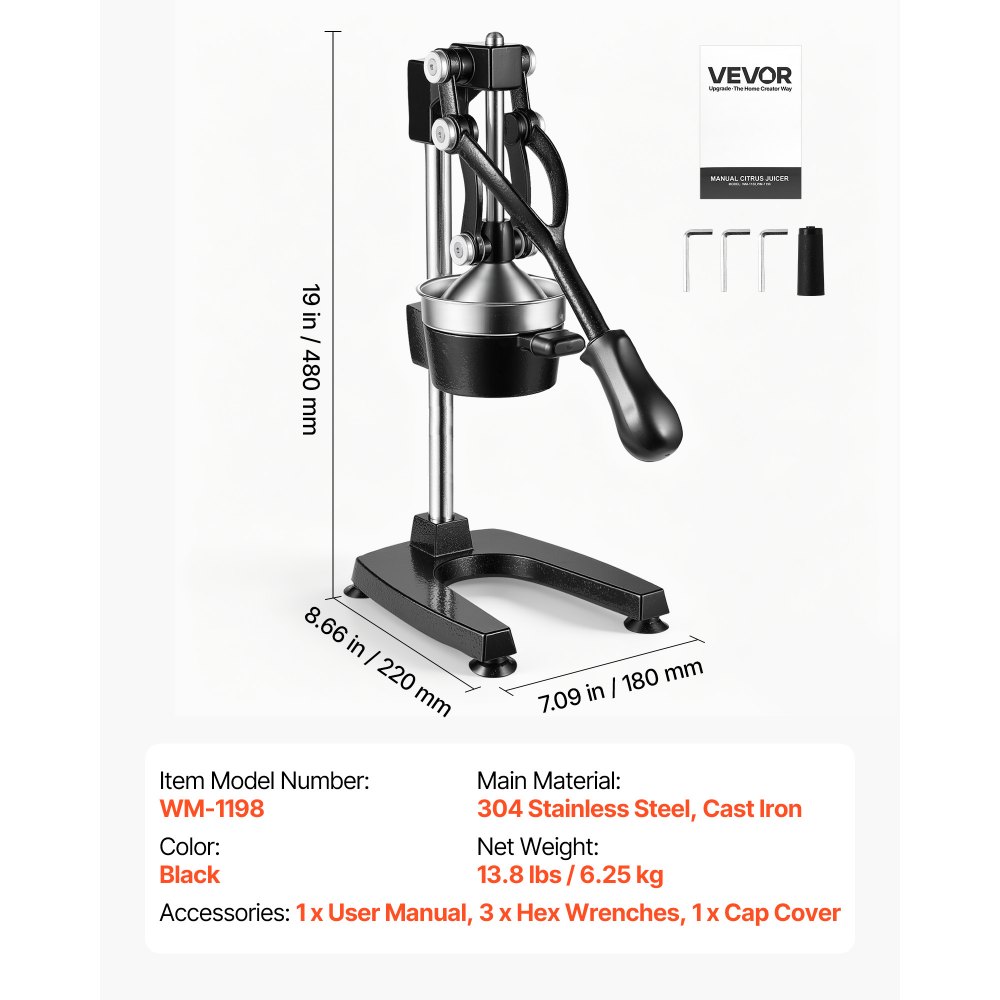 Exprimidor manual de cítricos VEVOR, exprimidor manual de naranjas de 48 cm de altura, extractor de jugo fresco manual para limón, granada y pomelo, hierro fundido resistente, fácil de limpiar, para uso doméstico y comercial, color negro.
