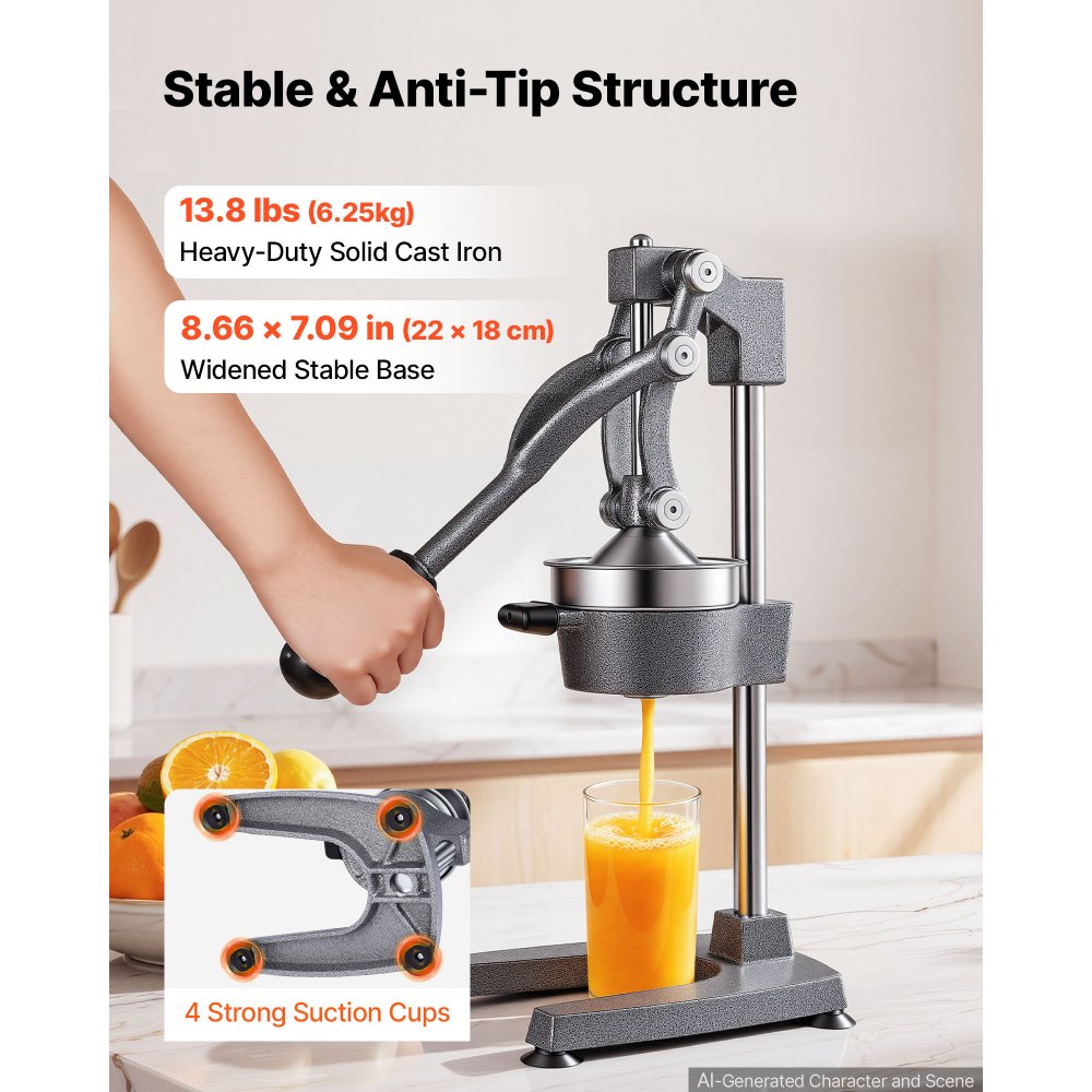 Exprimidor manual de cítricos VEVOR, exprimidor manual de naranjas de 48 cm de altura, extractor de jugo fresco manual para limón, granada y pomelo, hierro fundido resistente, fácil de limpiar, para uso doméstico y comercial, gris plateado.