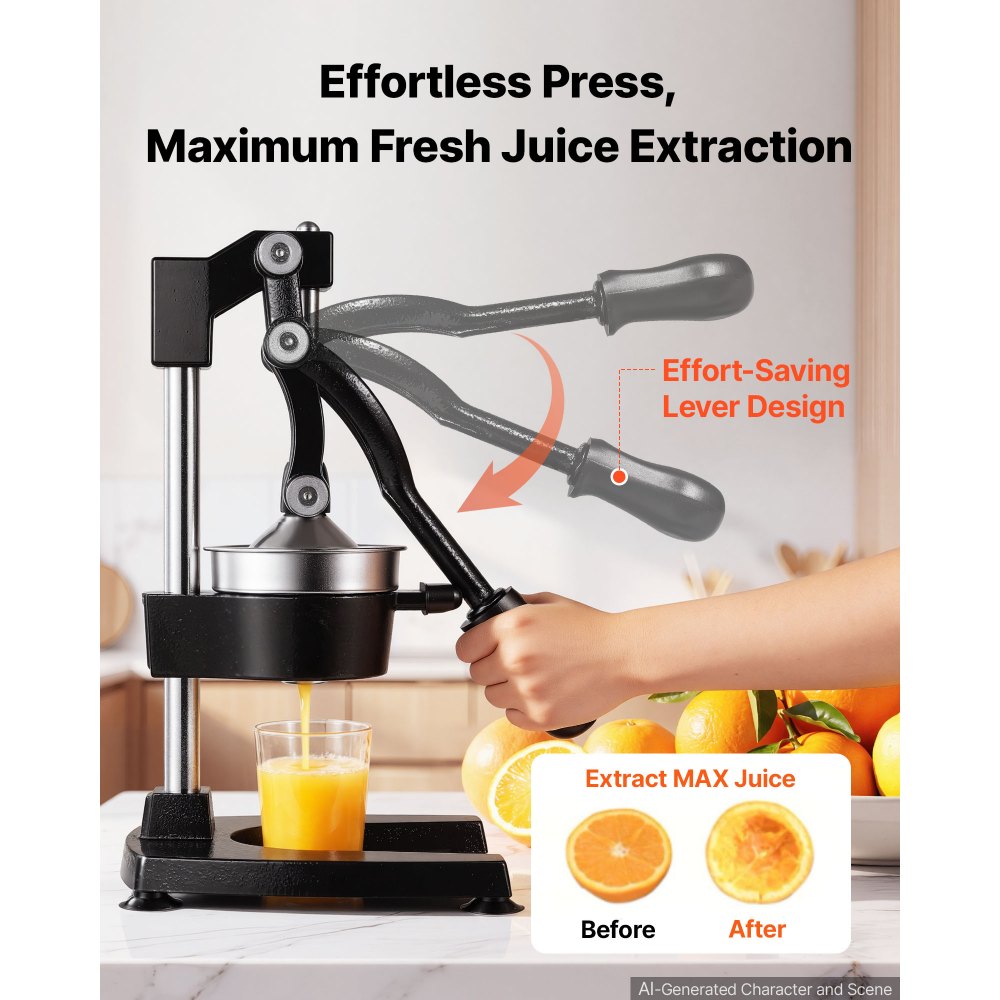 Exprimidor manual de cítricos VEVOR, exprimidor manual de naranjas de 38 cm de altura, extractor de jugo fresco manual para limón, granada y pomelo, hierro fundido resistente, fácil de limpiar, para uso doméstico y comercial, color negro.