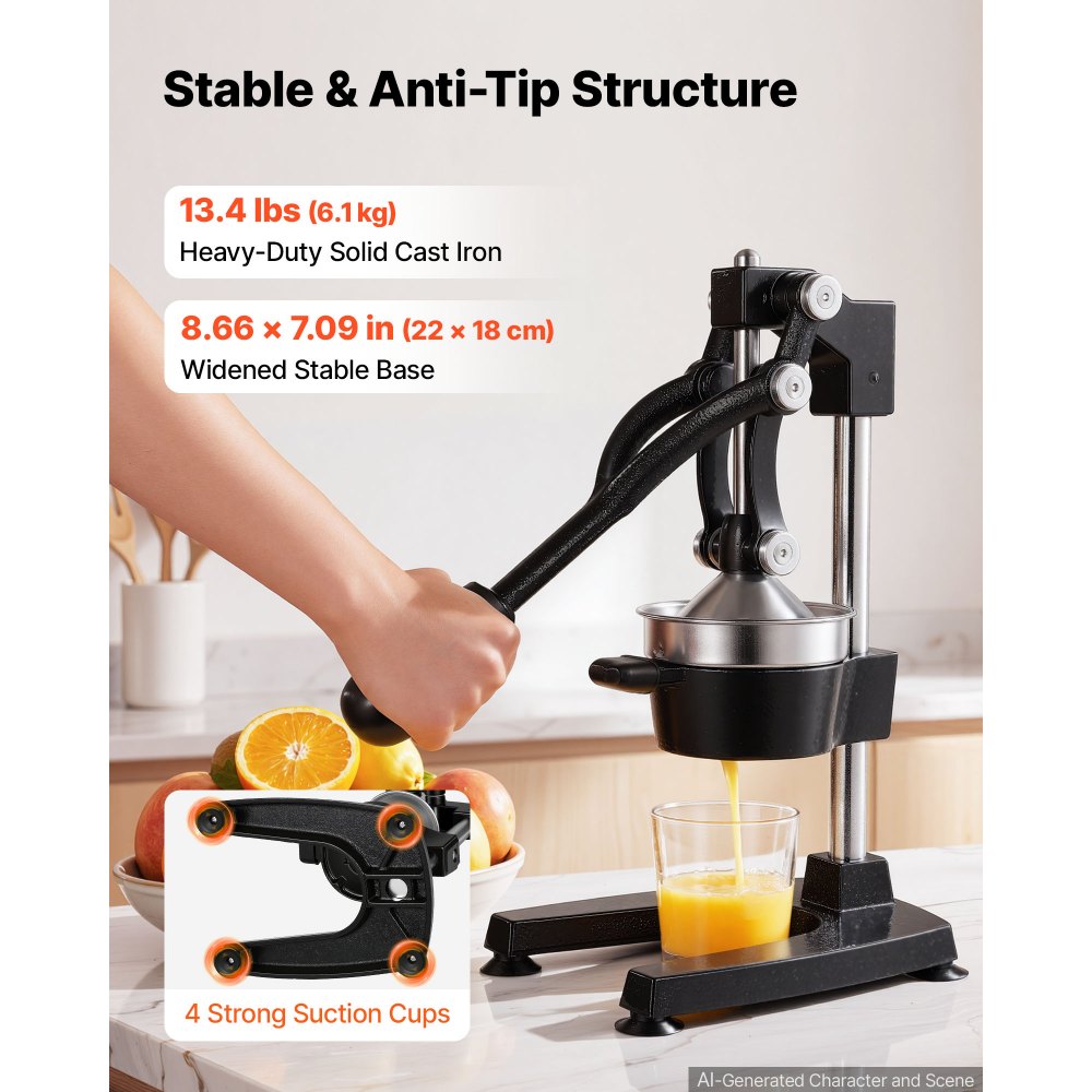 Exprimidor manual de cítricos VEVOR, exprimidor manual de naranjas de 38 cm de altura, extractor de jugo fresco manual para limón, granada y pomelo, hierro fundido resistente, fácil de limpiar, para uso doméstico y comercial, color negro.