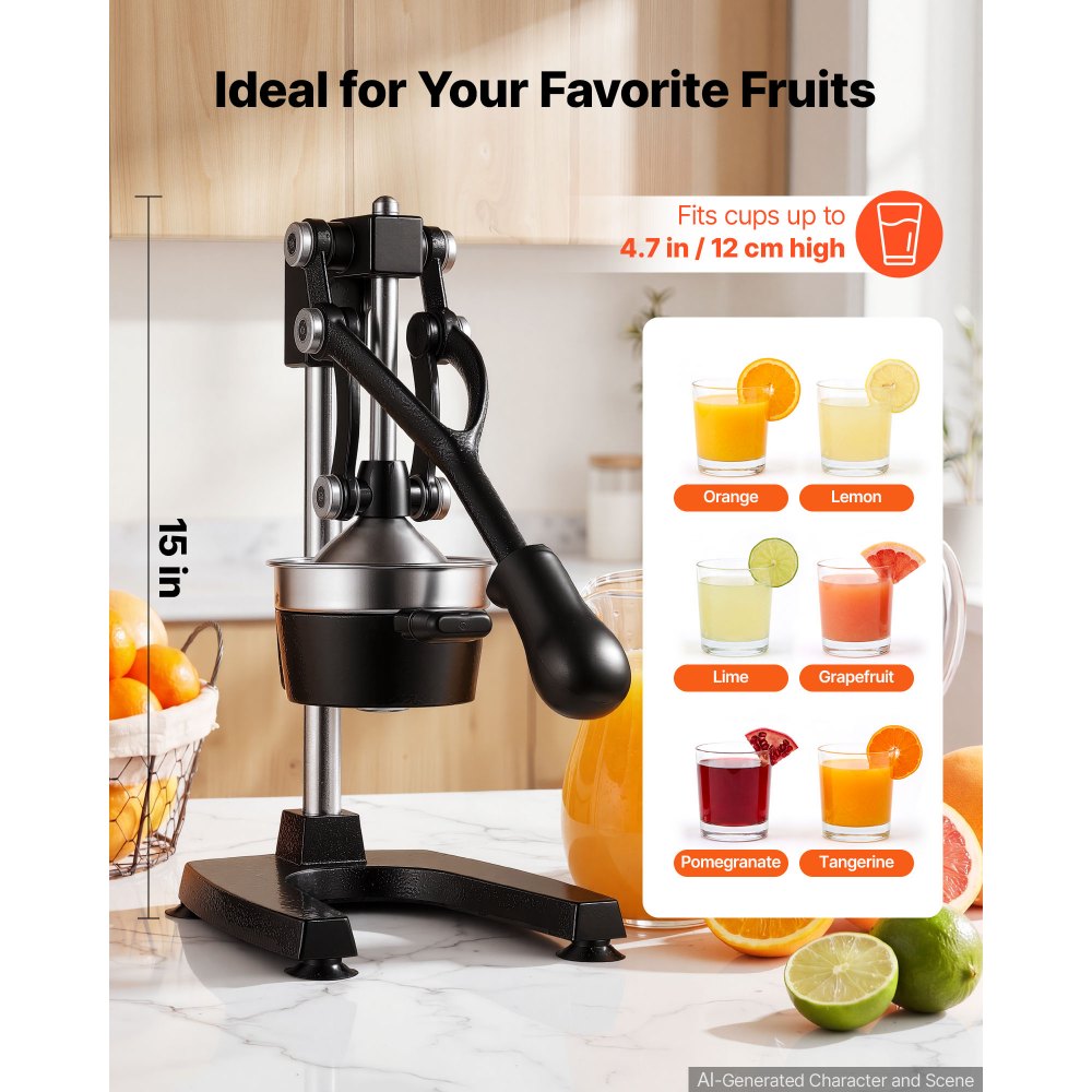 Exprimidor manual de cítricos VEVOR, exprimidor manual de naranjas de 38 cm de altura, extractor de jugo fresco manual para limón, granada y pomelo, hierro fundido resistente, fácil de limpiar, para uso doméstico y comercial, color negro.