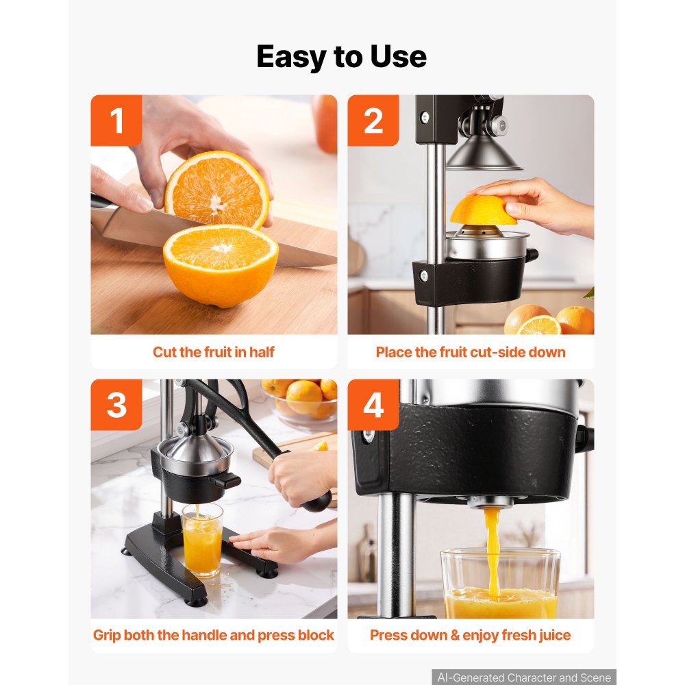 Exprimidor manual de cítricos VEVOR, exprimidor manual de naranjas de 38 cm de altura, extractor de jugo fresco manual para limón, granada y pomelo, hierro fundido resistente, fácil de limpiar, para uso doméstico y comercial, color negro.