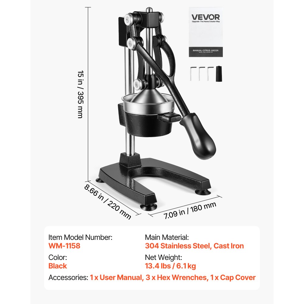 Exprimidor manual de cítricos VEVOR, exprimidor manual de naranjas de 38 cm de altura, extractor de jugo fresco manual para limón, granada y pomelo, hierro fundido resistente, fácil de limpiar, para uso doméstico y comercial, color negro.