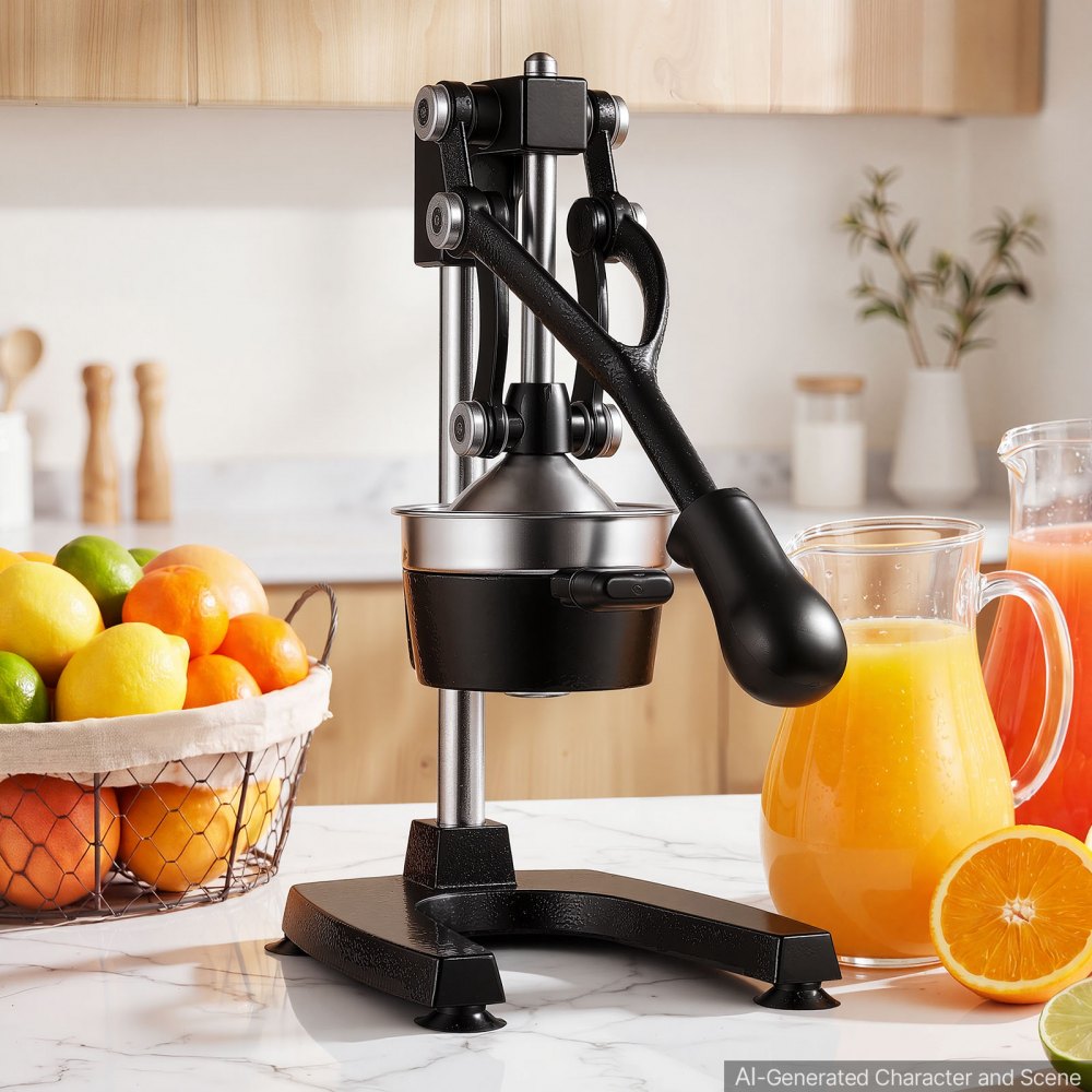 Exprimidor manual de cítricos VEVOR, exprimidor manual de naranjas de 38 cm de altura, extractor de jugo fresco manual para limón, granada y pomelo, hierro fundido resistente, fácil de limpiar, para uso doméstico y comercial, color negro.