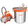 Kit de cámara de vacío VEVOR con cámara de acero inoxidable y bomba de vacío, con detalles en naranja.