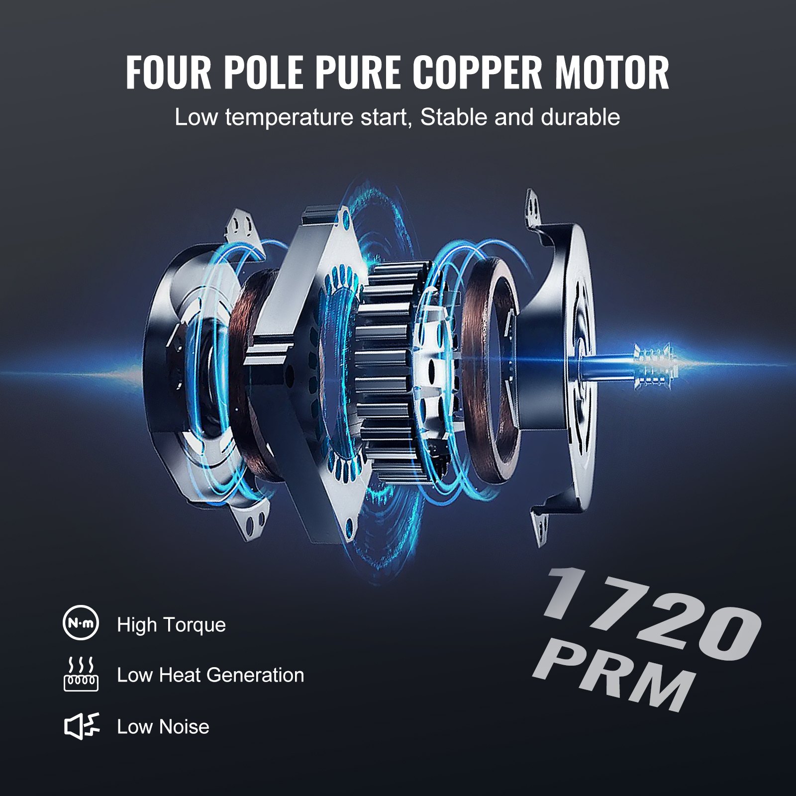 Motor de cobre puro de cuatro polos con alto torque, baja generación de calor y bajo ruido a 1720 rpm para el kit de cámara de vacío VEVOR.