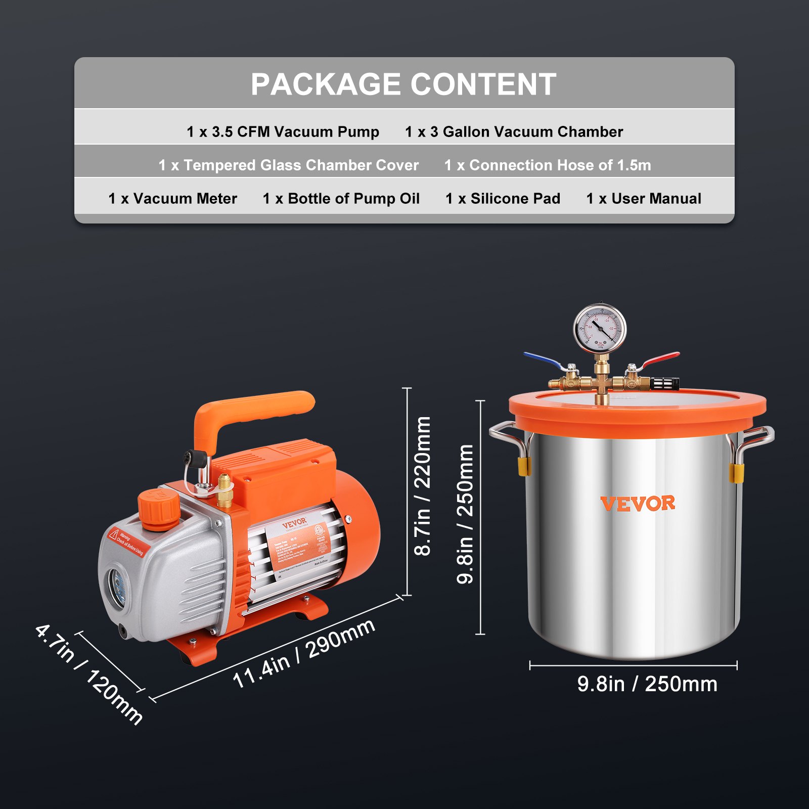 VEVOR Cámara de vacío de 3 galones y kit de bomba de 3,5 CFM, tapa de vidrio templado, kit de cámara de desgasificación al vacío, bomba de vacío de una sola etapa con botella de aceite de 250 ml, para estabilizar madera, desgasificar siliconas, epoxis