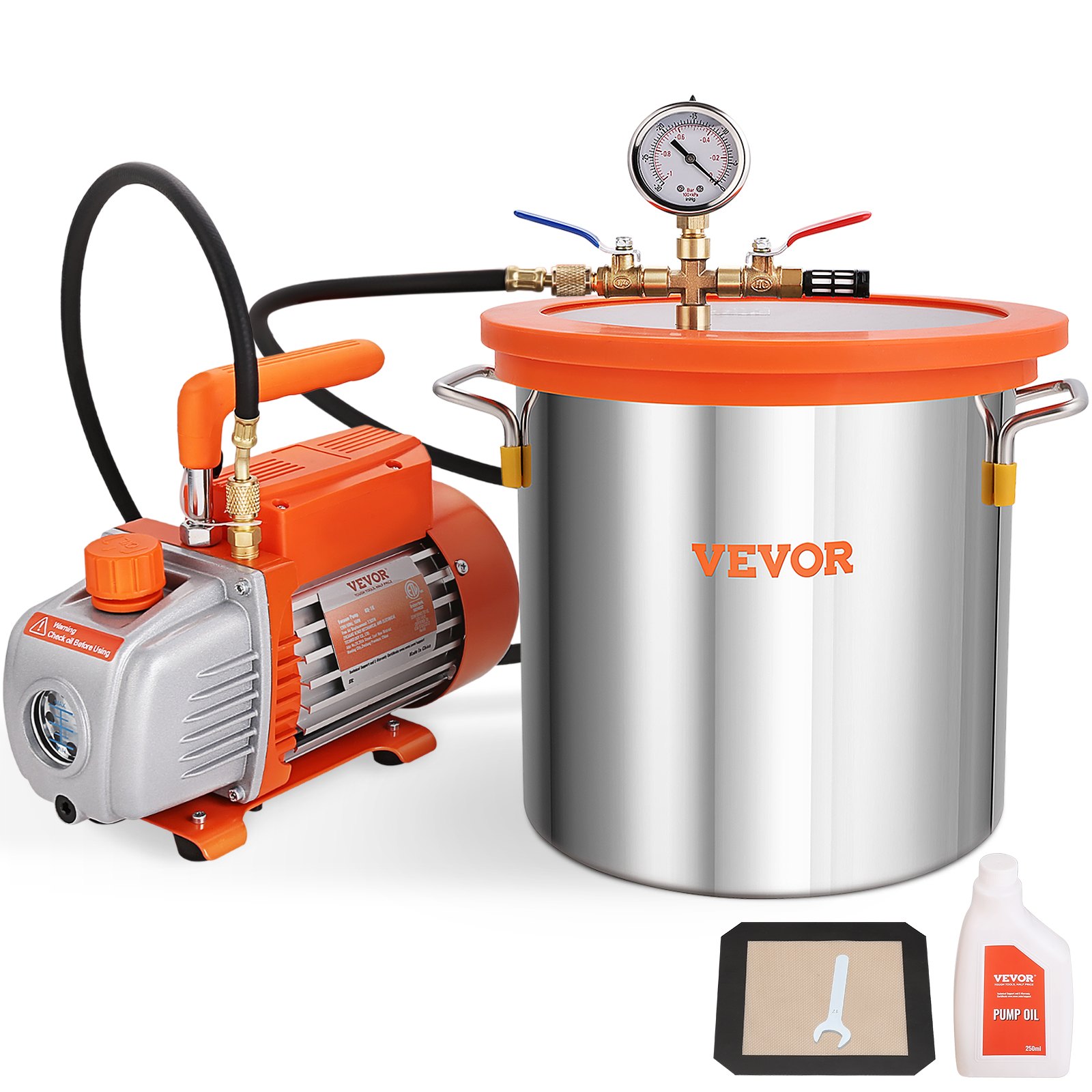 VEVOR Cámara de vacío de 3 galones y kit de bomba de 3,5 CFM, tapa de vidrio templado, kit de cámara de desgasificación al vacío, bomba de vacío de una sola etapa con botella de aceite de 250 ml, para estabilizar madera, desgasificar siliconas, epoxis