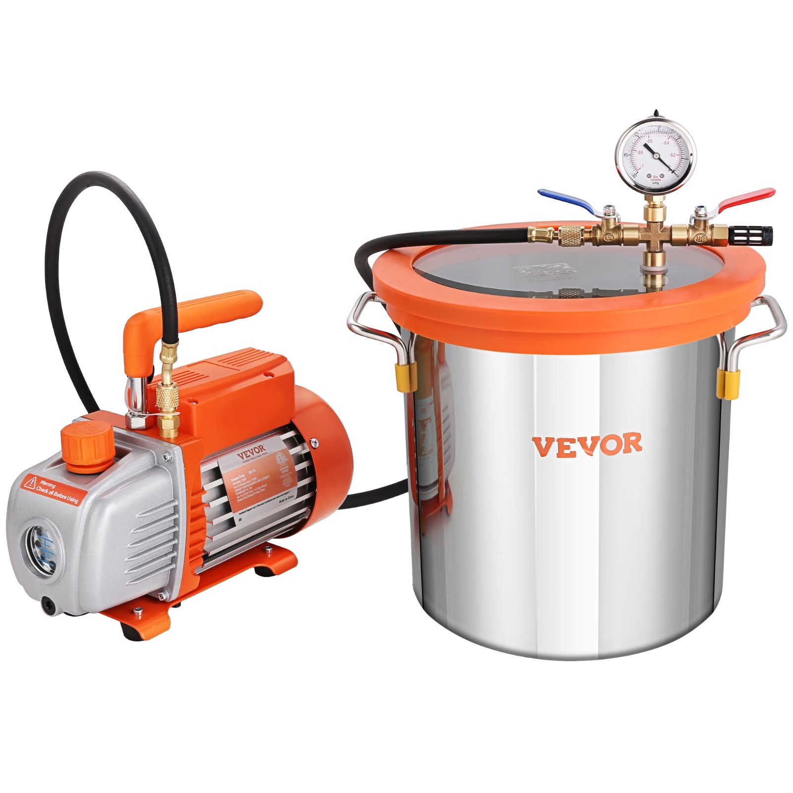 VEVOR Cámara de vacío de 3 galones y kit de bomba de 3,5 CFM, tapa de vidrio templado, kit de cámara de desgasificación al vacío, bomba de vacío de una sola etapa con botella de aceite de 250 ml, para estabilizar madera, desgasificar siliconas, epoxis