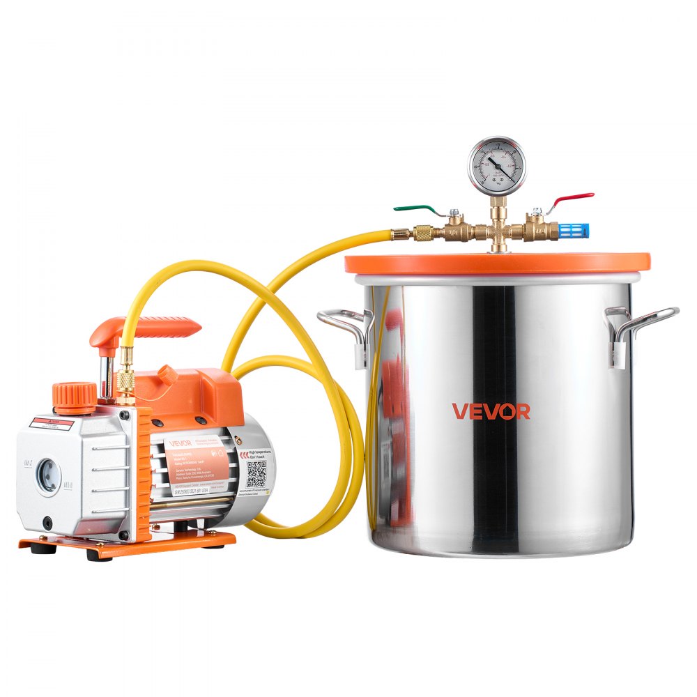 Cámara de vacío VEVOR de 5 galones con bomba, 3,5 CFM, bomba de vacío de una etapa, kit de cámara de desgasificación de acero inoxidable con tapa de vidrio templado, manguera de 5 pies, para estabilizar madera y desgasificar resina de silicona.