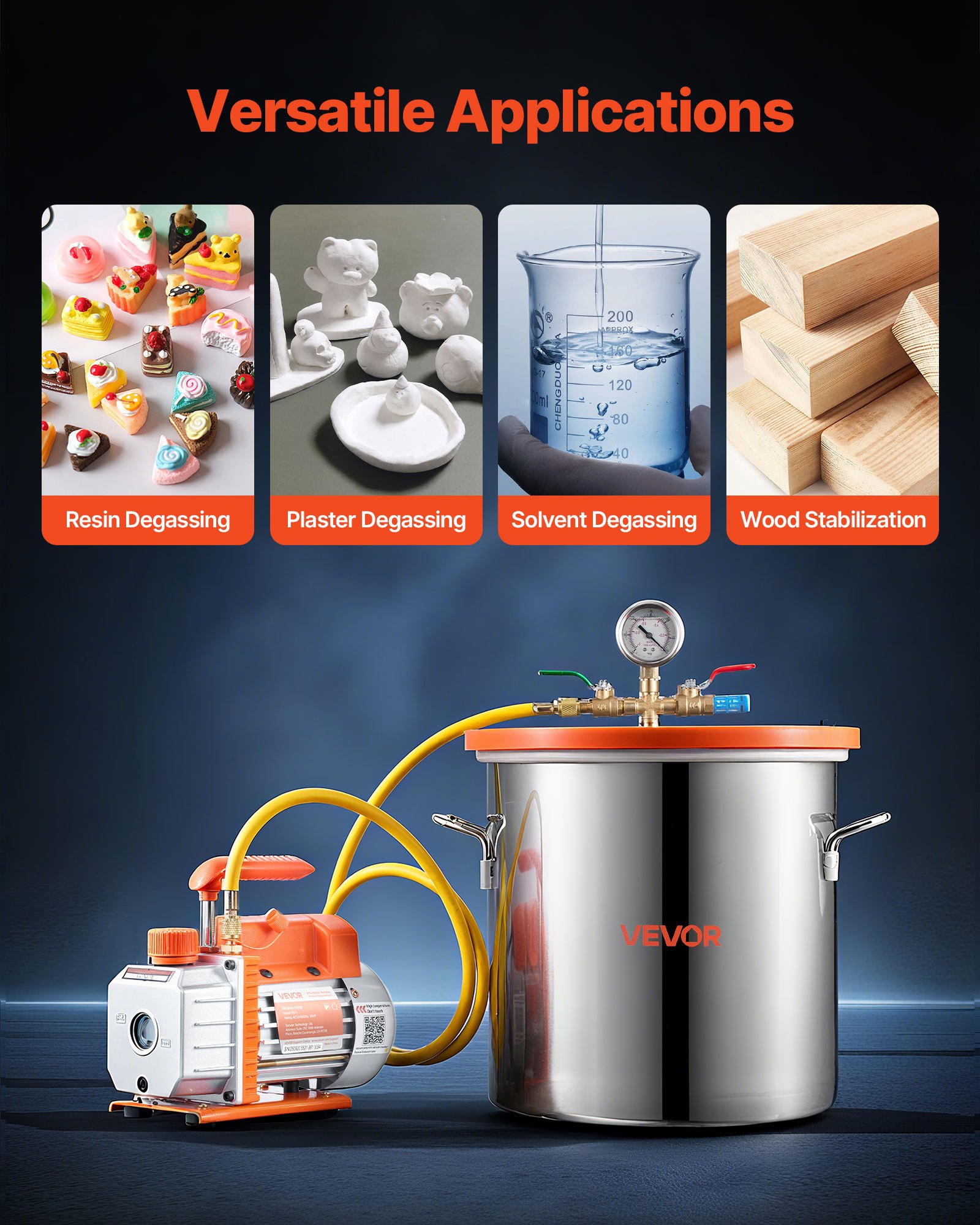 Cámara de vacío VEVOR de 5 galones con bomba, 3,5 CFM, bomba de vacío de una etapa, kit de cámara de desgasificación de acero inoxidable con tapa de vidrio templado, manguera de 5 pies, para estabilizar madera y desgasificar resina de silicona.