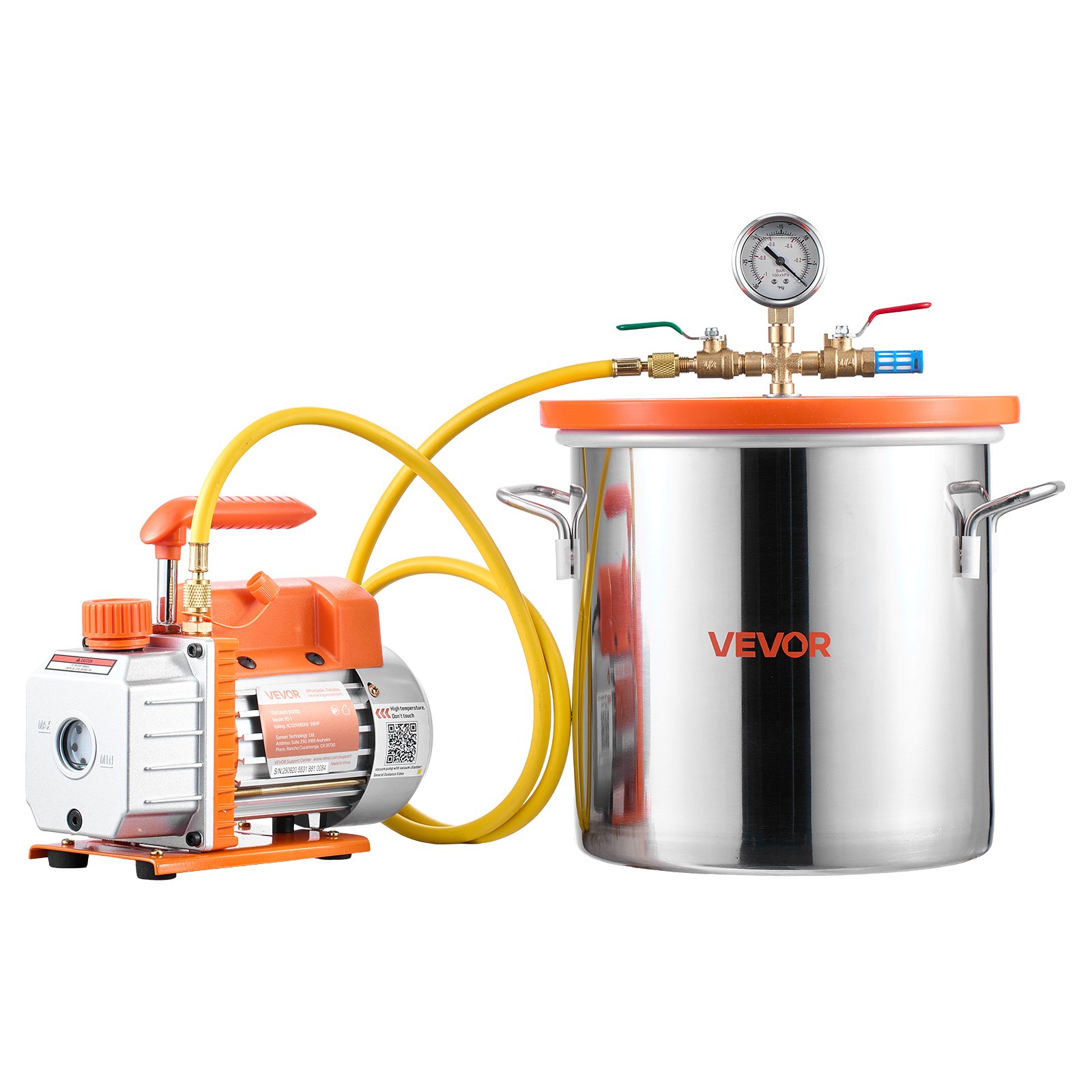 Cámara de vacío VEVOR de 5 galones con bomba, 3,5 CFM, bomba de vacío de una etapa, kit de cámara de desgasificación de acero inoxidable con tapa de vidrio templado, manguera de 5 pies, para estabilizar madera y desgasificar resina de silicona.