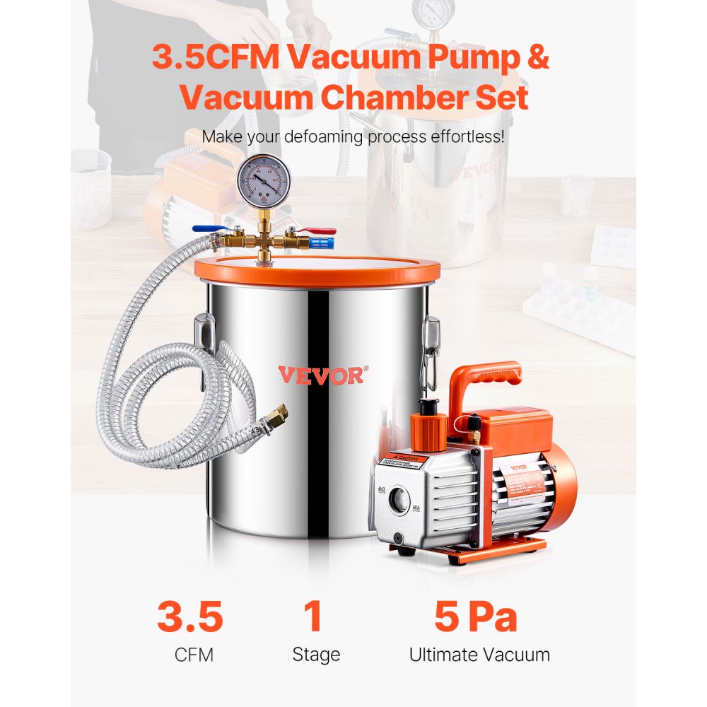 Kit de cámara de vacío VEVOR de 5 galones y bomba de 3.5 CFM, cámara de acero inoxidable, kit de cámara de desgasificación con bomba de vacío de una etapa, con tapa acrílica, aceite y manguera de 4.92 pies, para desgasificar resinas epoxi de silicona.