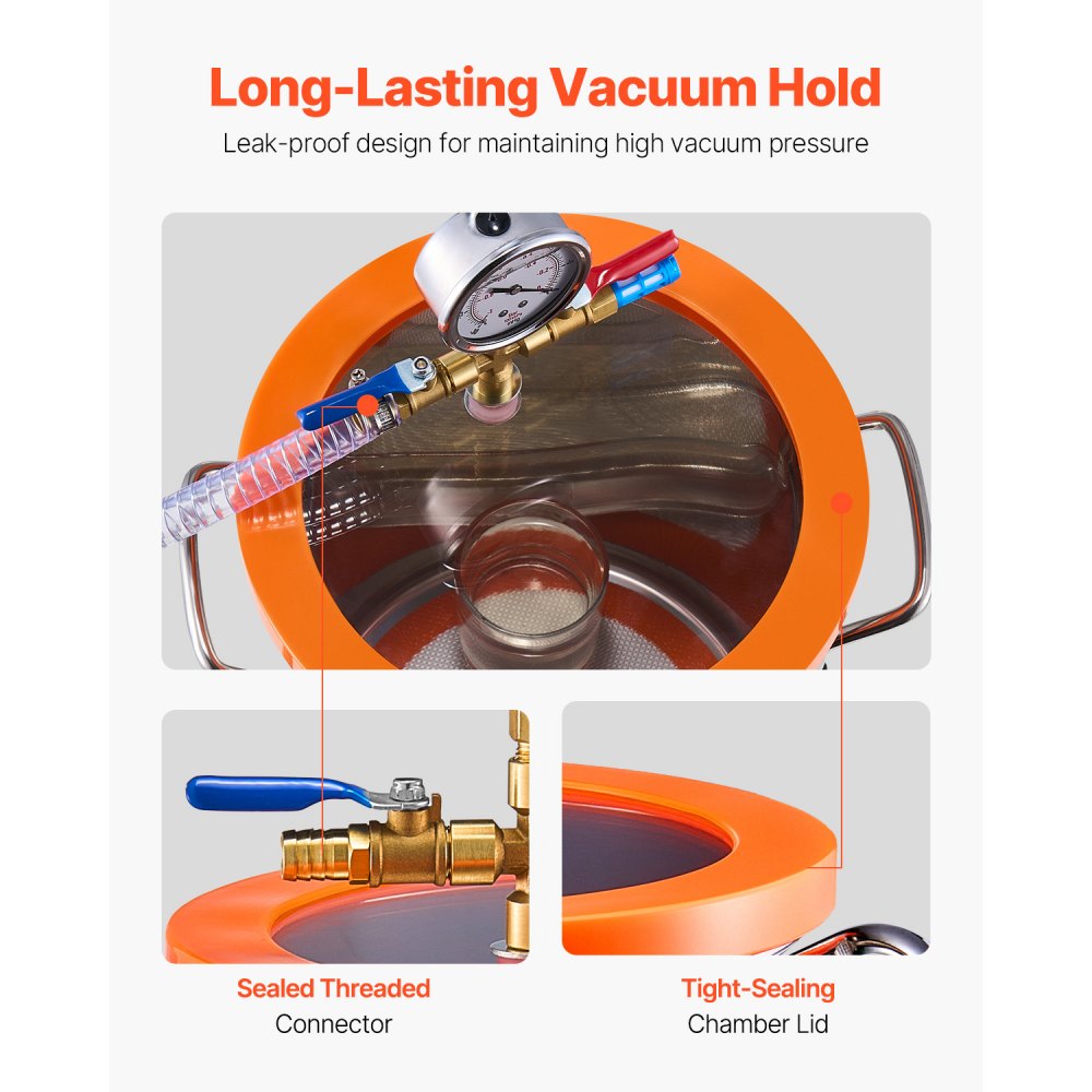 Kit de cámara de vacío VEVOR de 5 galones y bomba de 3.5 CFM, cámara de acero inoxidable, kit de cámara de desgasificación con bomba de vacío de una etapa, con tapa acrílica, aceite y manguera de 4.92 pies, para desgasificar resinas epoxi de silicona.