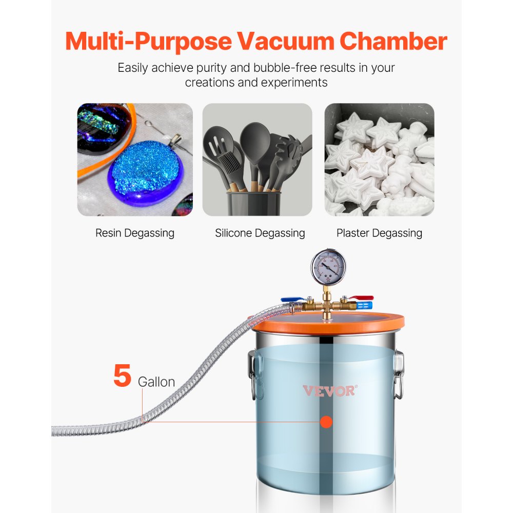Kit de cámara de vacío VEVOR de 5 galones y bomba de 3.5 CFM, cámara de acero inoxidable, kit de cámara de desgasificación con bomba de vacío de una etapa, con tapa acrílica, aceite y manguera de 4.92 pies, para desgasificar resinas epoxi de silicona.