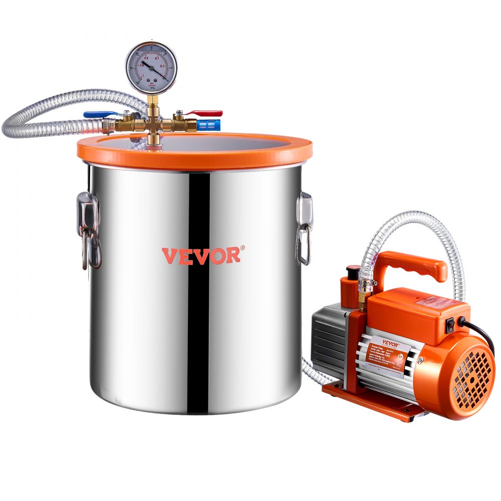 Kit de cámara de vacío VEVOR de 5 galones y bomba de 3.5 CFM, cámara de acero inoxidable, kit de cámara de desgasificación con bomba de vacío de una etapa, con tapa acrílica, aceite y manguera de 4.92 pies, para desgasificar resinas epoxi de silicona.
