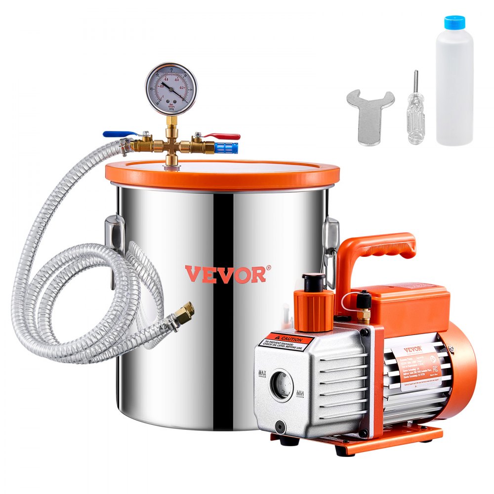 Kit de cámara de vacío VEVOR de 5 galones y bomba de 3.5 CFM, cámara de acero inoxidable, kit de cámara de desgasificación con bomba de vacío de una etapa, con tapa acrílica, aceite y manguera de 4.92 pies, para desgasificar resinas epoxi de silicona.