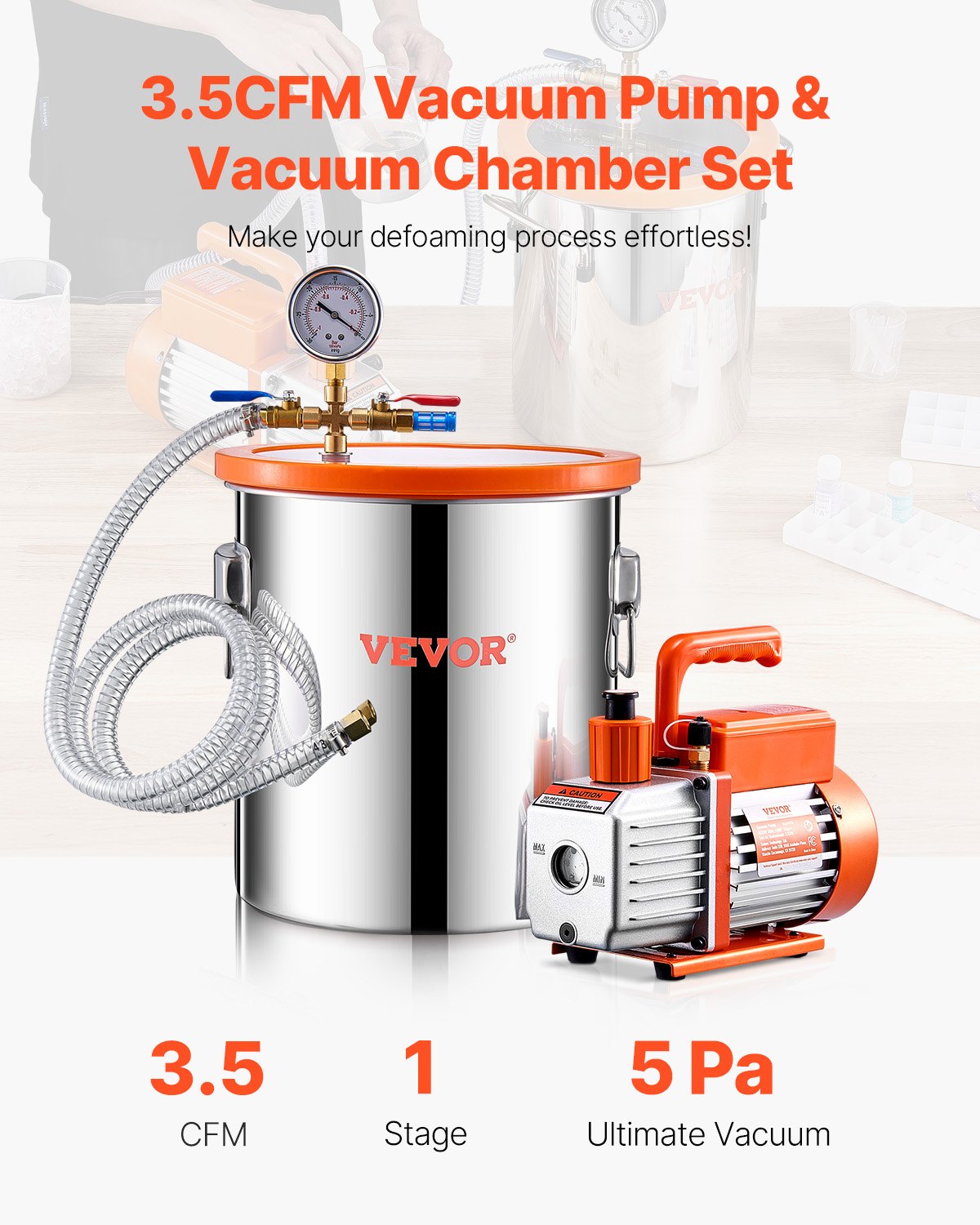 Kit de cámara de vacío VEVOR de 5 galones y bomba de 3.5 CFM, cámara de acero inoxidable, kit de cámara de desgasificación con bomba de vacío de una etapa, con tapa acrílica, aceite y manguera de 4.92 pies, para desgasificar resinas epoxi de silicona.