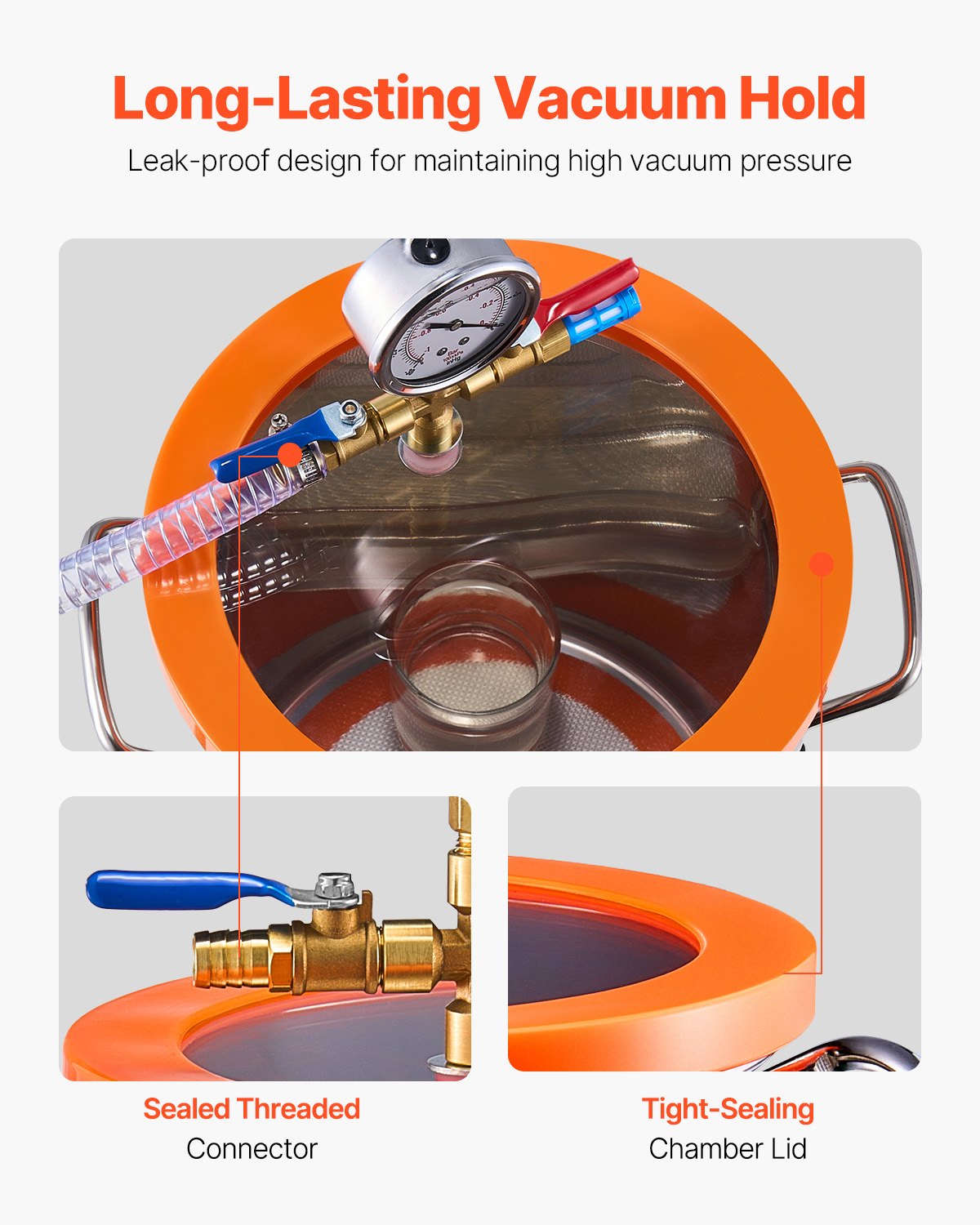 Kit de cámara de vacío VEVOR de 5 galones y bomba de 3.5 CFM, cámara de acero inoxidable, kit de cámara de desgasificación con bomba de vacío de una etapa, con tapa acrílica, aceite y manguera de 4.92 pies, para desgasificar resinas epoxi de silicona.