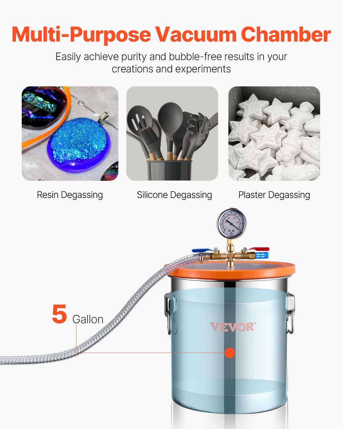 Kit de cámara de vacío VEVOR de 5 galones y bomba de 3.5 CFM, cámara de acero inoxidable, kit de cámara de desgasificación con bomba de vacío de una etapa, con tapa acrílica, aceite y manguera de 4.92 pies, para desgasificar resinas epoxi de silicona.
