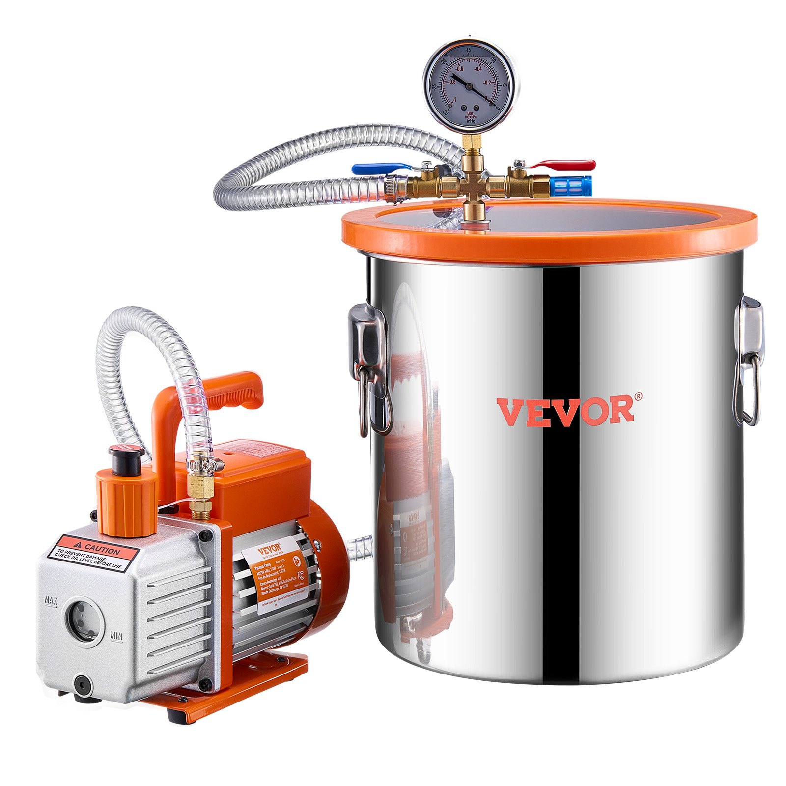 Kit de cámara de vacío VEVOR de 5 galones y bomba de 3.5 CFM, cámara de acero inoxidable, kit de cámara de desgasificación con bomba de vacío de una etapa, con tapa acrílica, aceite y manguera de 4.92 pies, para desgasificar resinas epoxi de silicona.