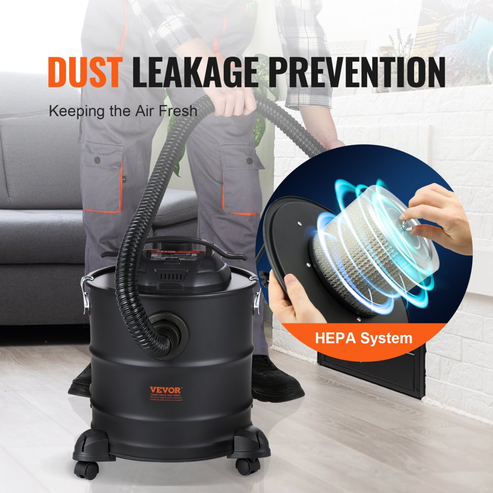 Aspiradora de cenizas VEVOR, 19 litros, 1200 W de potencia de succión, aspirador para chimenea con succión inversa, cable de alimentación de 5 m, 16 kPa de aspiración máxima, para chimeneas, estufas de pellets, estufas de leña y quemadores de leña.