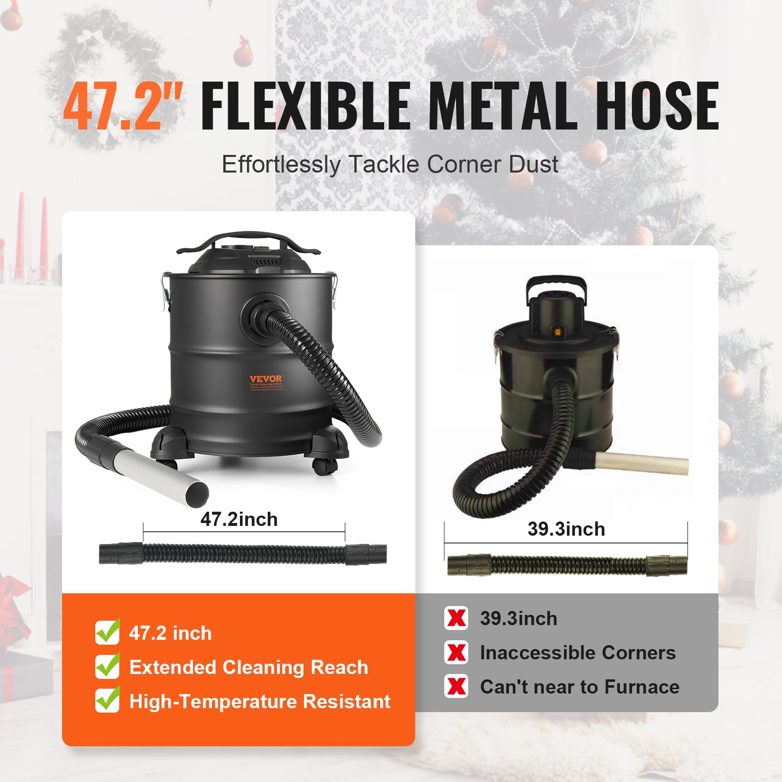 Aspiradora de cenizas VEVOR, 19 litros, 1200 W de potencia de succión, aspirador para chimenea con succión inversa, cable de alimentación de 5 m, 16 kPa de aspiración máxima, para chimeneas, estufas de pellets, estufas de leña y quemadores de leña.