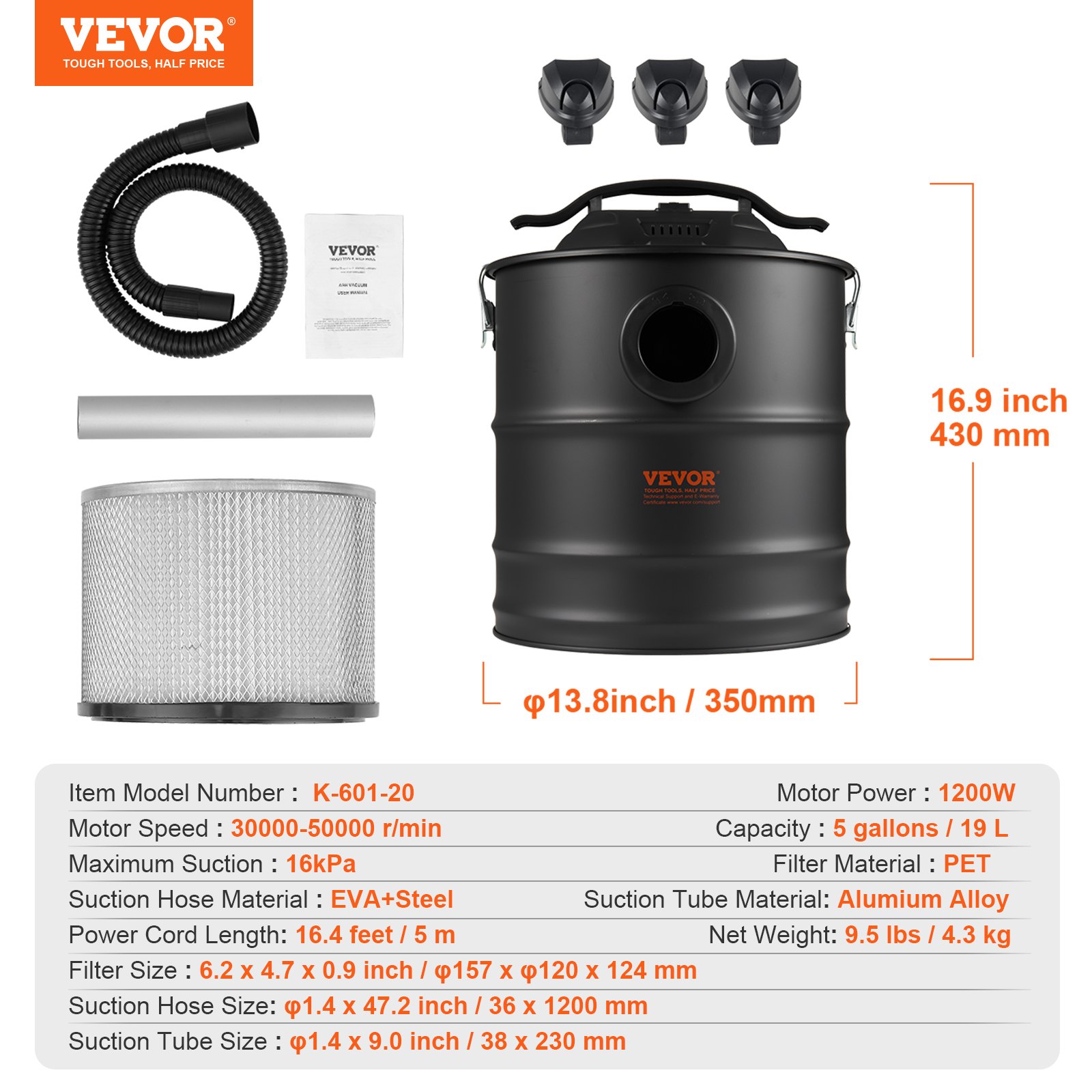 Aspiradora de cenizas VEVOR, 19 litros, 1200 W de potencia de succión, aspirador para chimenea con succión inversa, cable de alimentación de 5 m, 16 kPa de aspiración máxima, para chimeneas, estufas de pellets, estufas de leña y quemadores de leña.