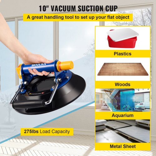 Ventosa de elevación de vidrio VEVOR, ventosa de elevación de vidrio de 10 pulgadas, ventosa de elevación de vidrio de capacidad de carga de 275 libras, elevador de vidrio de mano resistente para mover baldosas de granito grandes, reemplazo de ventana