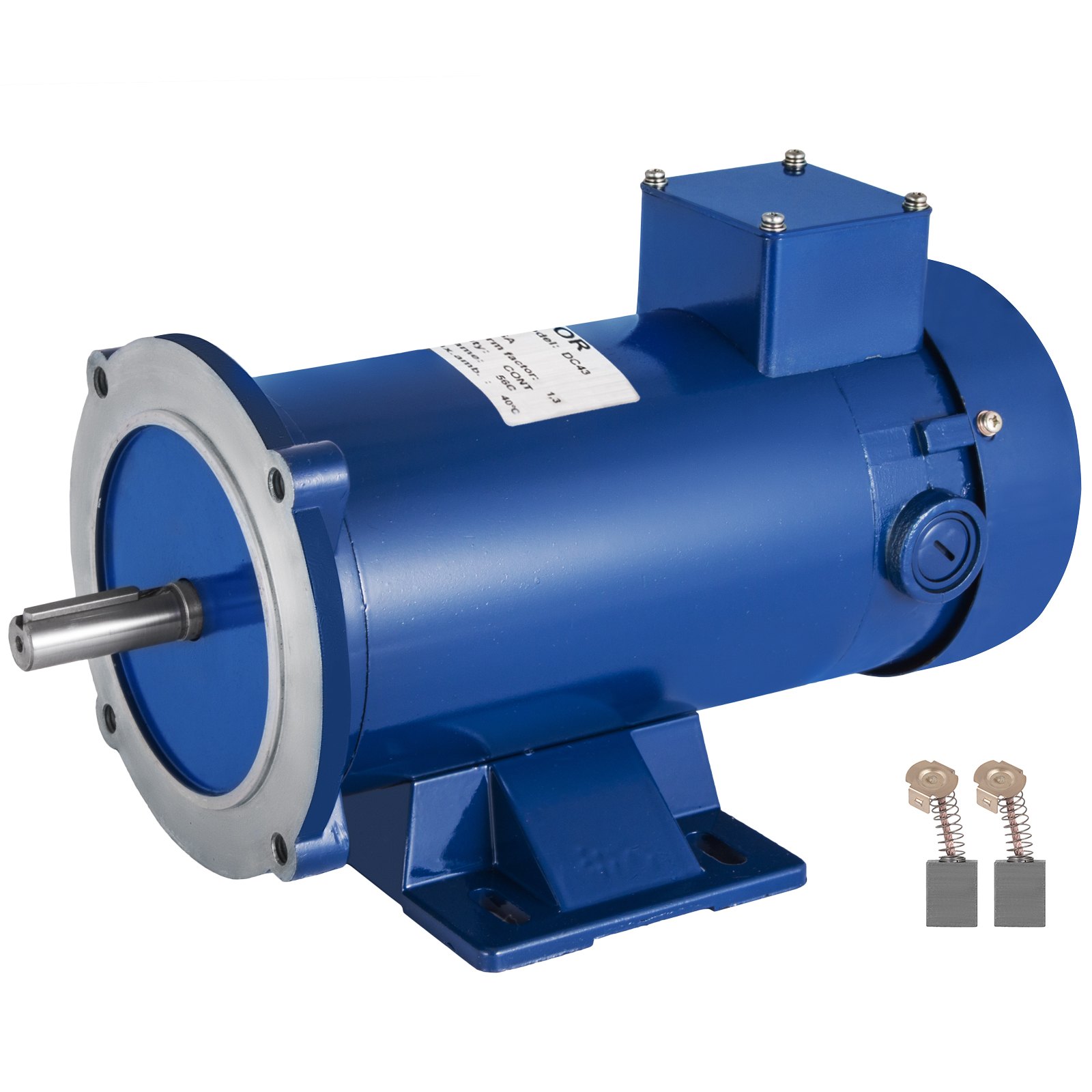 Motor de corriente continua VEVOR azul de 3/4 hp con eje metálico y escobillas de repuesto.