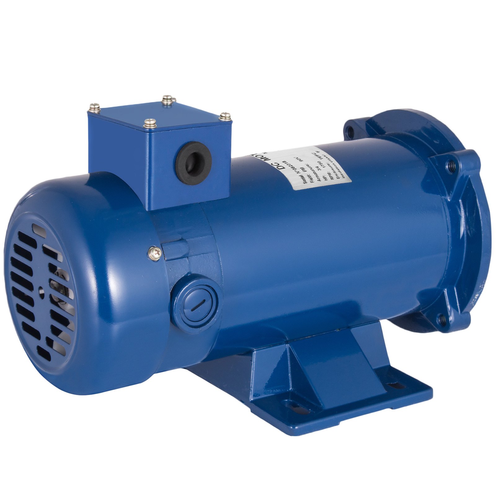 Motor CC VEVOR azul de 3/4 hp con base de montaje y rejilla protectora.