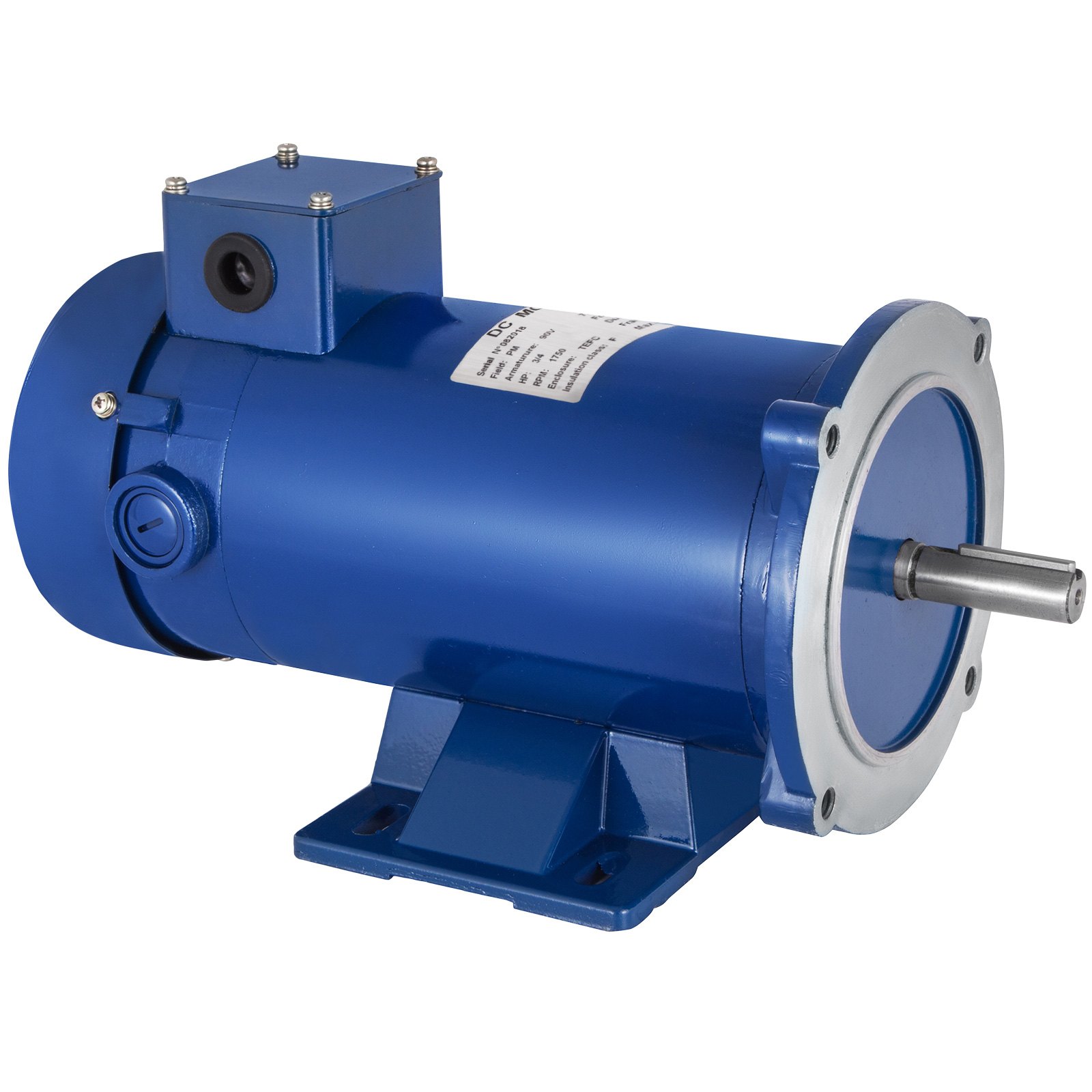 Motor de corriente continua VEVOR azul de 3/4 hp con cuerpo cilíndrico y base de montaje.