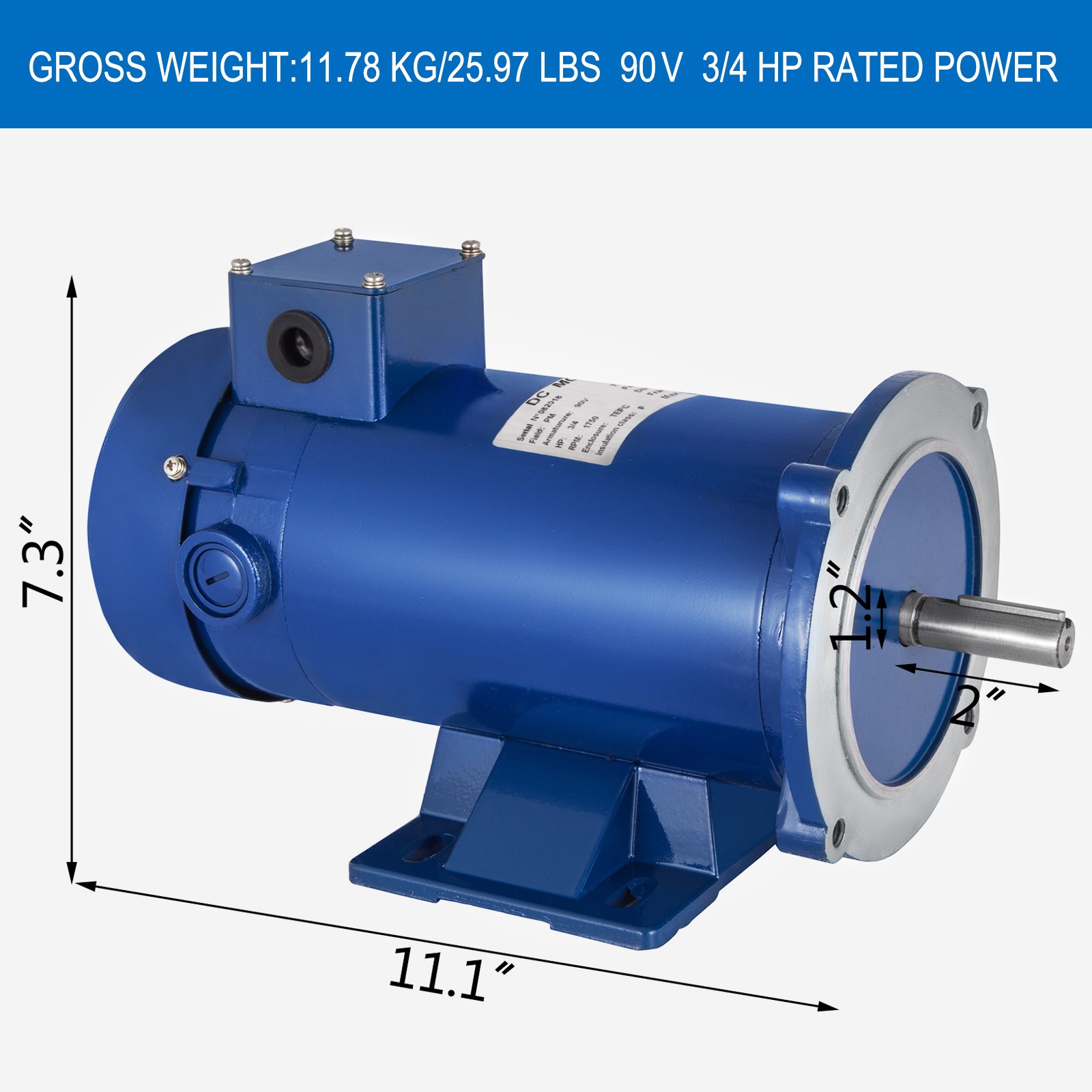 Motor de corriente continua VEVOR azul de 3/4 hp, dimensiones 11,1&quot; x 7,3&quot;, peso bruto 25,97 libras.
