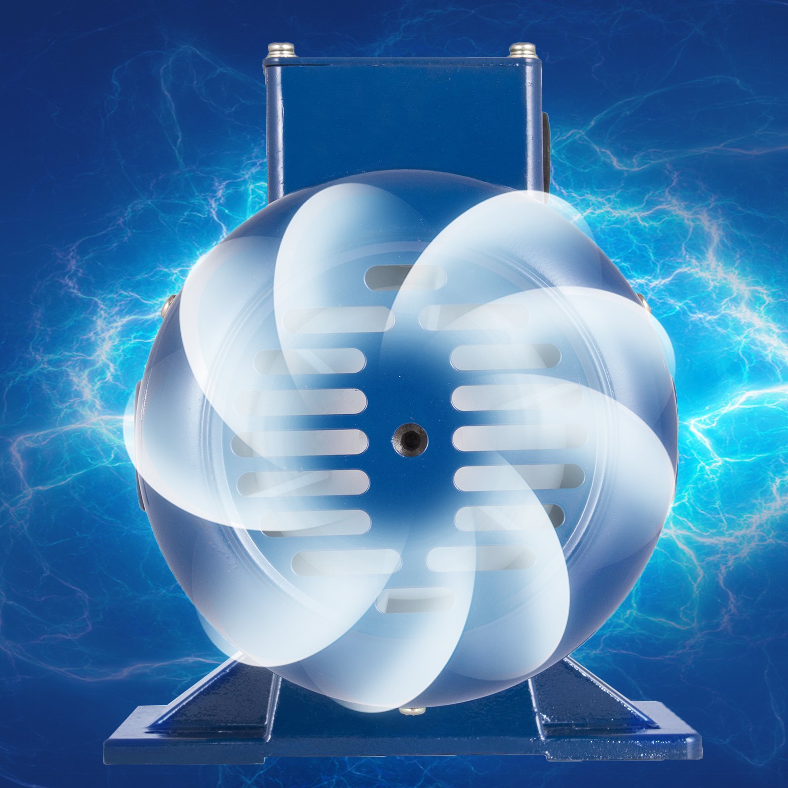 Motor de corriente continua VEVOR azul de 3/4 hp con fondo azul brillante y aspas de ventilador circulares.