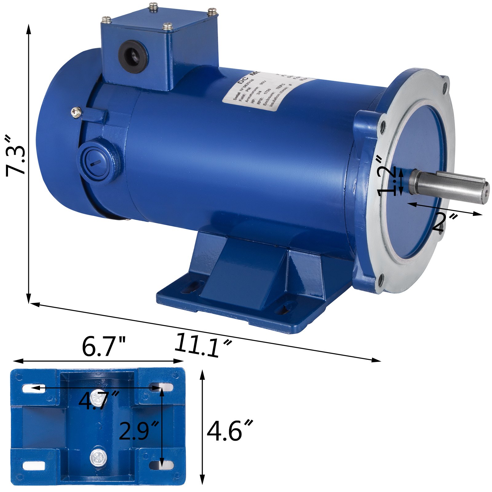Motor de corriente continua VEVOR de 3/4 hp con dimensiones de 7,3&quot; x 11,1&quot; x 6,7&quot;, carcasa azul y placa de montaje.