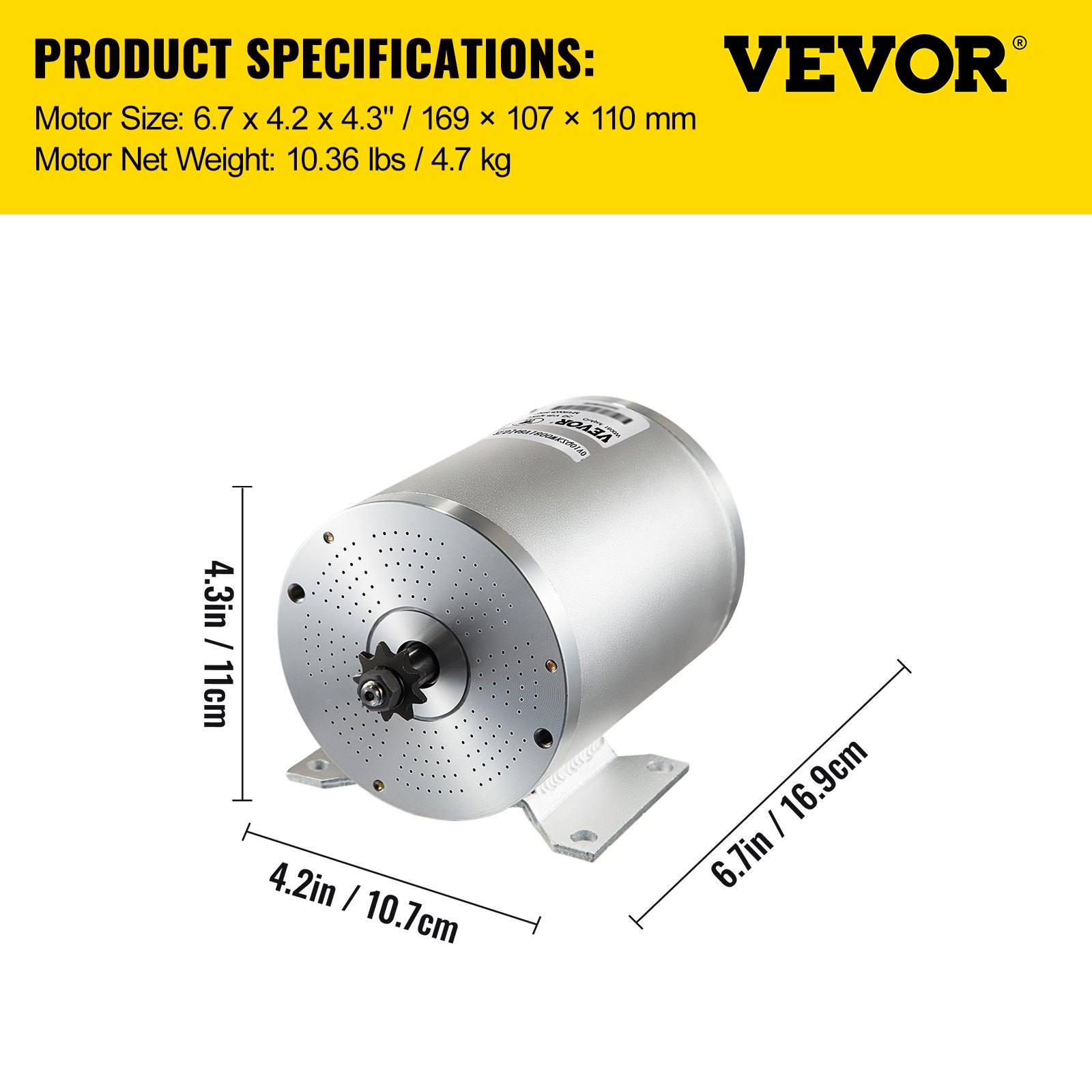 Controlador de motor eléctrico sin escobillas VEVOR con detalles de dimensiones y peso.