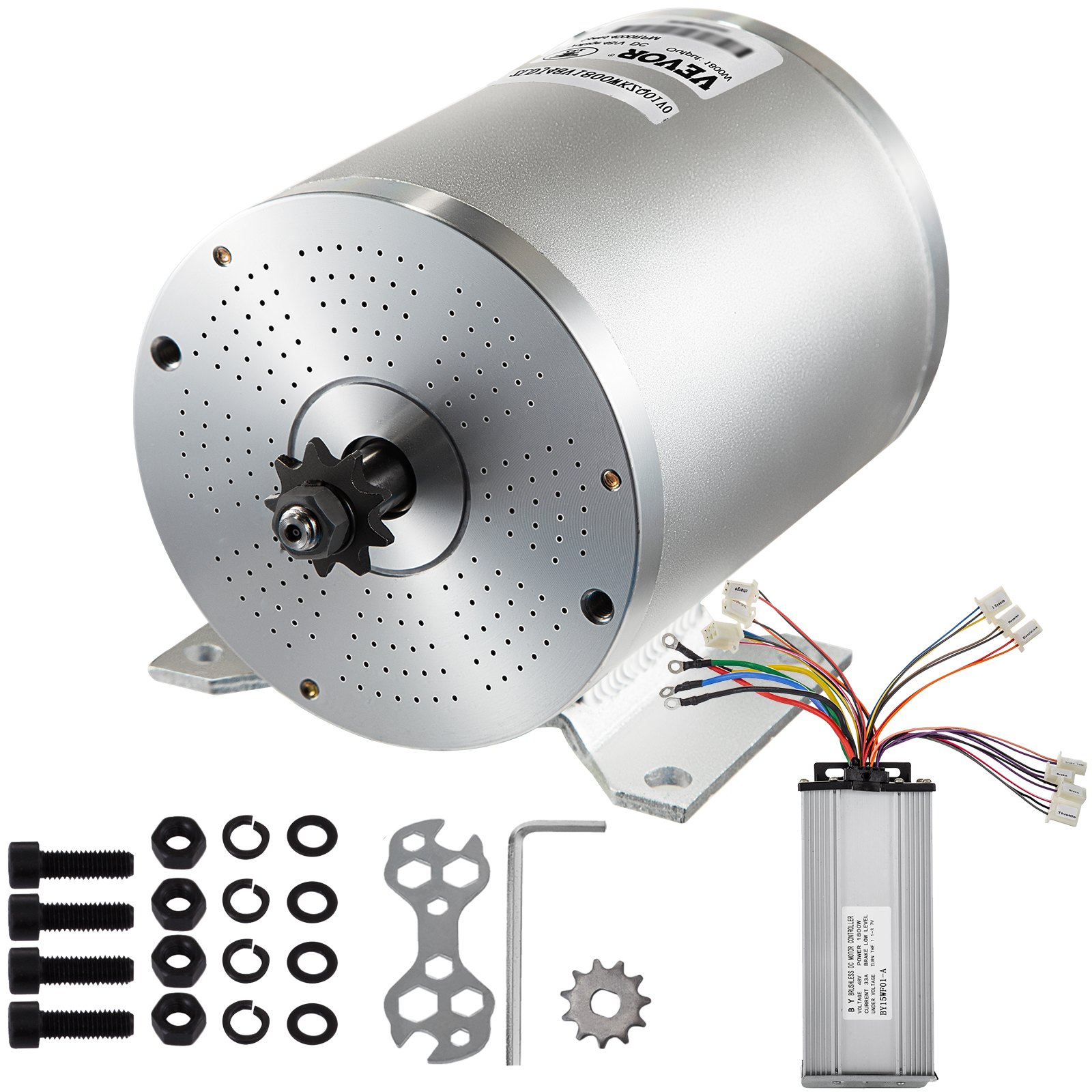 Controlador de motor eléctrico sin escobillas VEVOR con cables, equipo de montaje, pernos y herramientas.