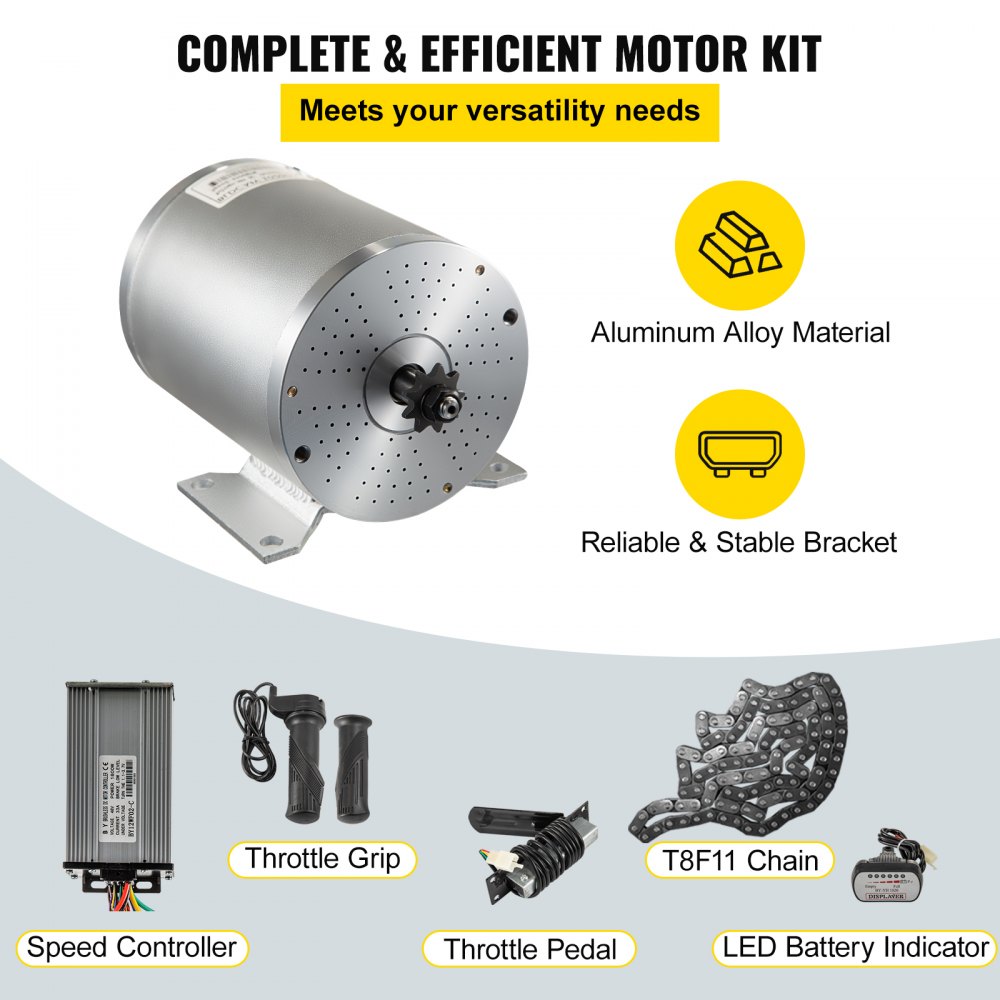 VEVOR Motor eléctrico de CC sin escobillas, 48 V, 1800 W, motor eléctrico sin escobillas, controlador de 4500 RPM, pedal de agarre del acelerador, arnés de cableado, kit de llave de encendido para Go Kart, scooter, bicicleta eléctrica, bicicleta motorizada, ATV, mini bicicleta