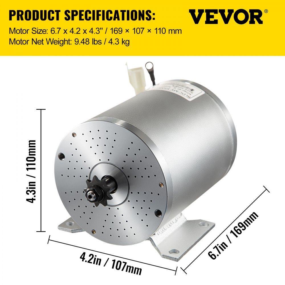 VEVOR Motor eléctrico de CC sin escobillas, 48 V, 1800 W, motor eléctrico sin escobillas, controlador de 4500 RPM, pedal de agarre del acelerador, arnés de cableado, kit de llave de encendido para Go Kart, scooter, bicicleta eléctrica, bicicleta motorizada, ATV, mini bicicleta