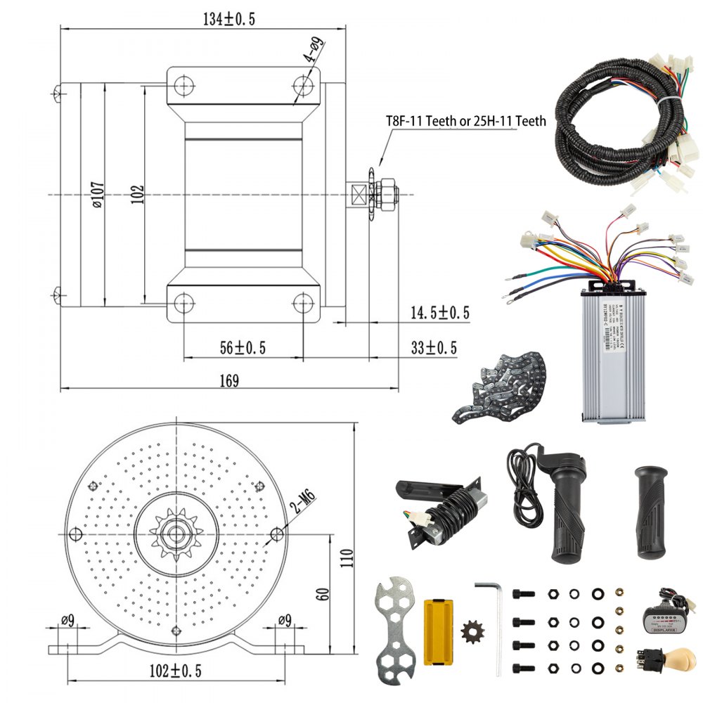 VEVOR Motor eléctrico de CC sin escobillas, 48 V, 1800 W, motor eléctrico sin escobillas, controlador de 4500 RPM, pedal de agarre del acelerador, arnés de cableado, kit de llave de encendido para Go Kart, scooter, bicicleta eléctrica, bicicleta motorizada, ATV, mini bicicleta