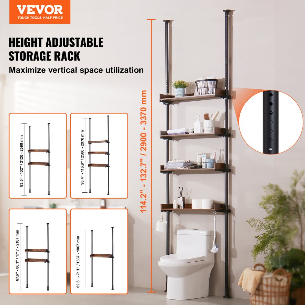 VEVOR - Organizador de baño ajustable de 4 niveles para colocar sobre el inodoro. Estante de acero bajo en carbono de 135 a 333 cm de alto. Fácil de montar y ahorra espacio para la colada. Ideal para habitaciones pequeñas. Se adapta a la mayoría de los inodoros.